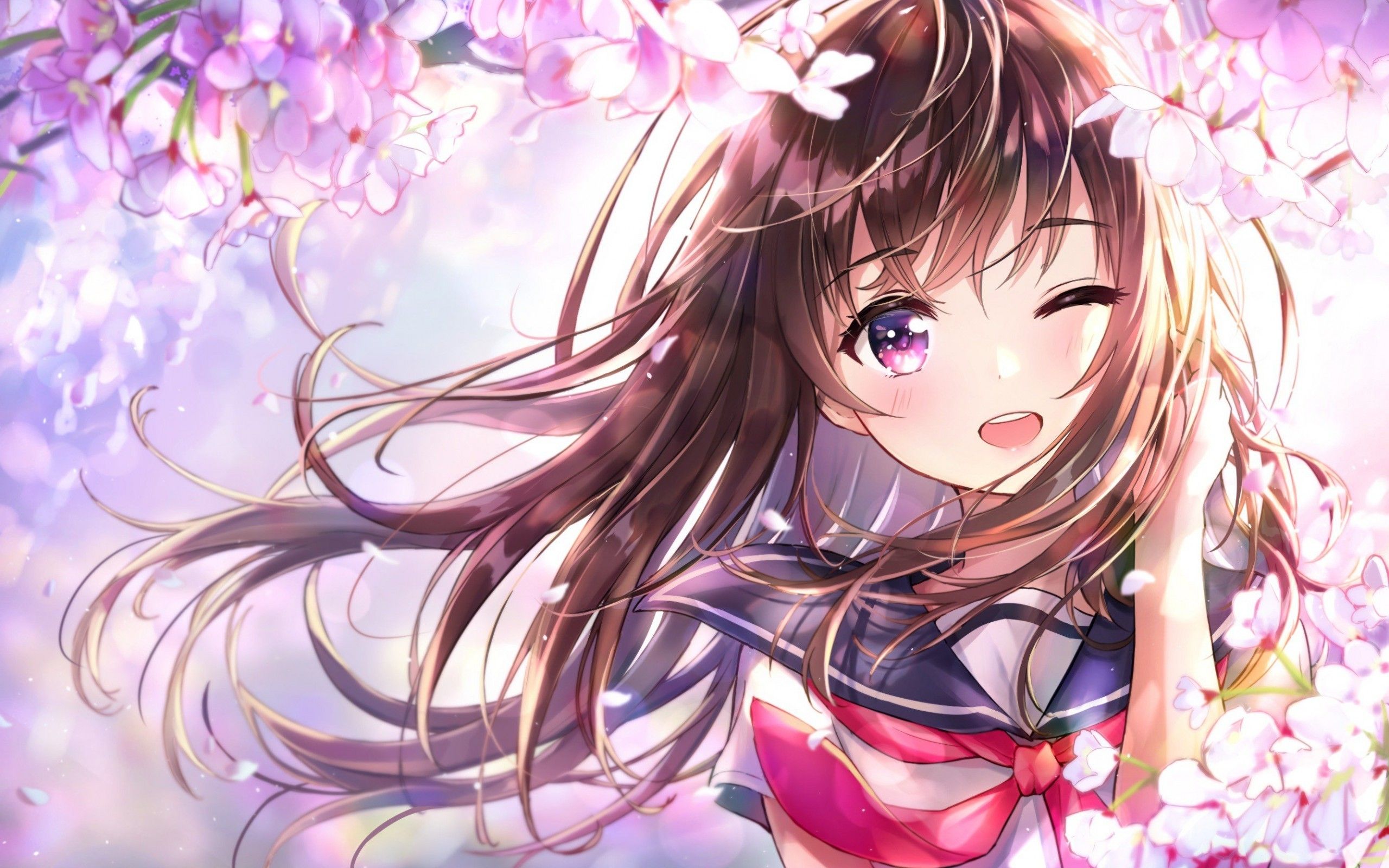 Anime 2560x1600 anime anime girls flowers cherry blossom school uniform brunette long hair purple eyes artwork Hapong07 wink