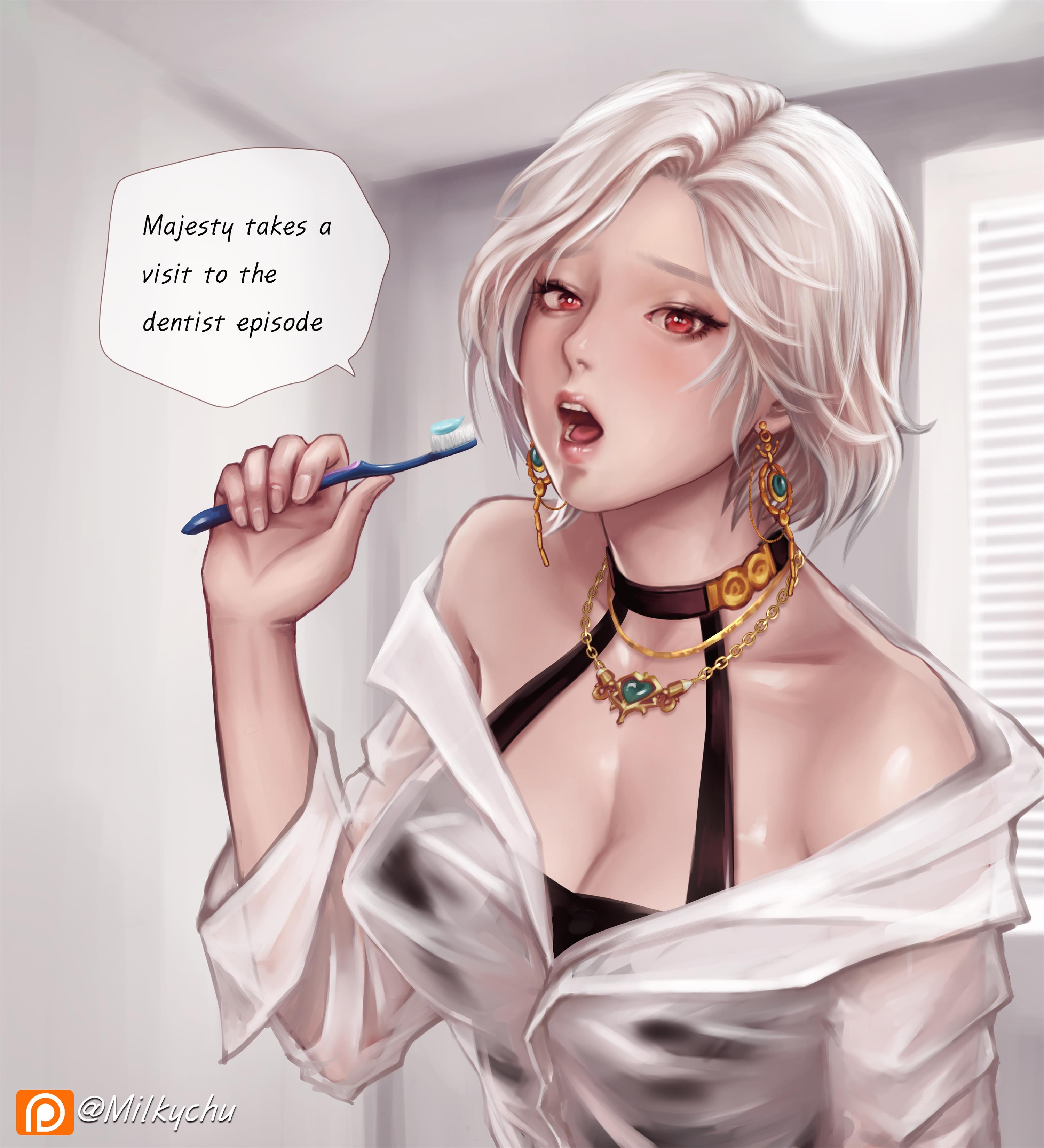 Anime 3000x3299 Milkychu white hair red eyes toothbrush long earrings necklace see-through shirt cleavage speech bubble women