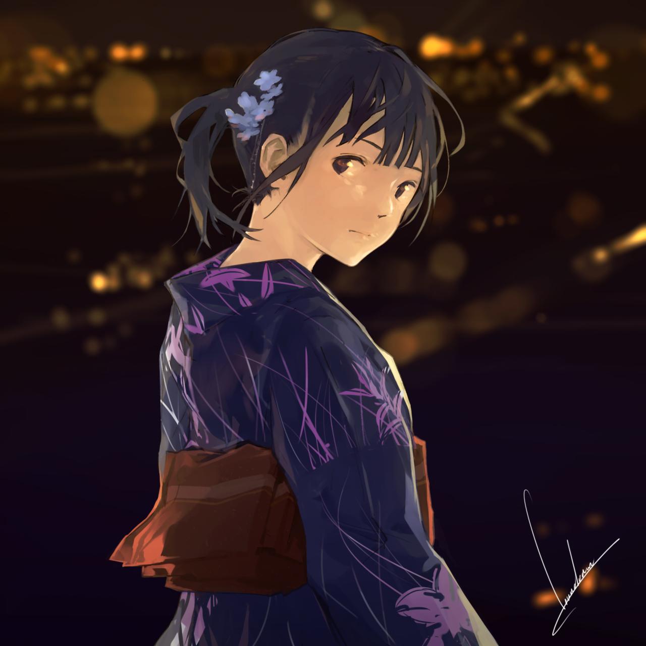 Anime 1280x1280 loundraw anime girls short hair kimono
