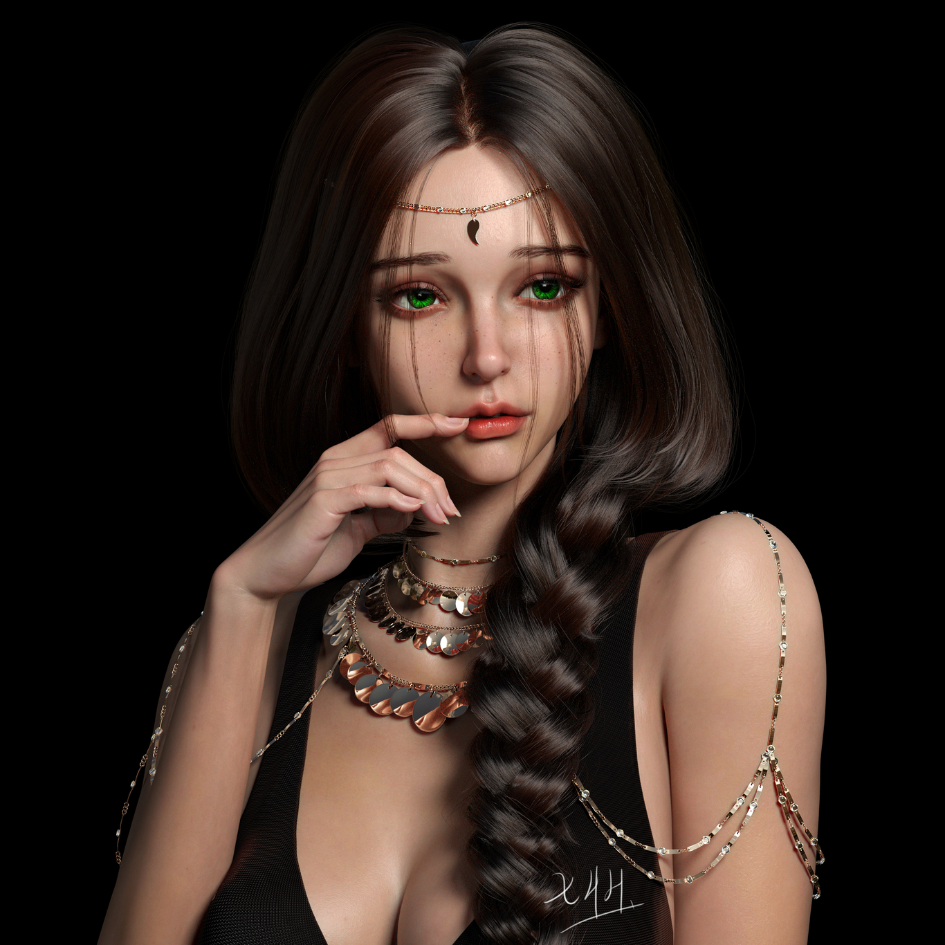 General 1366x1366 CGI digital art long hair fantasy girl black background braids WLOP