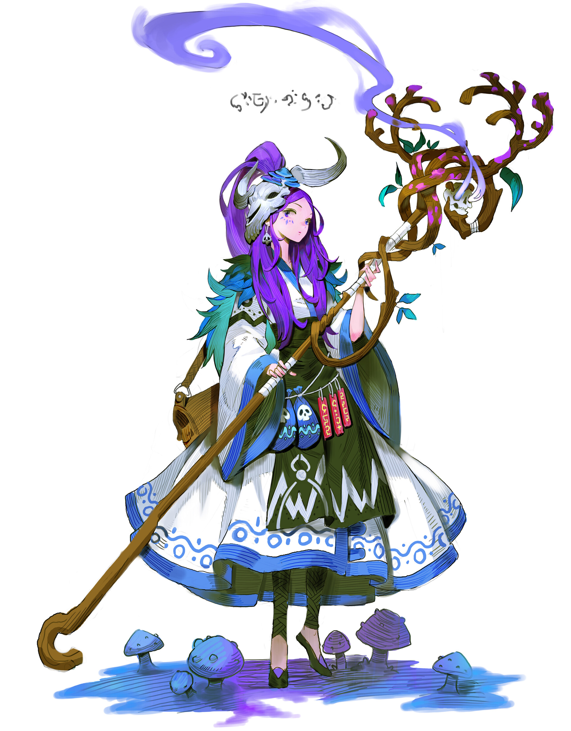 General 1920x2458 artwork women fantasy art fantasy girl purple hair white background simple background staff purple eyes