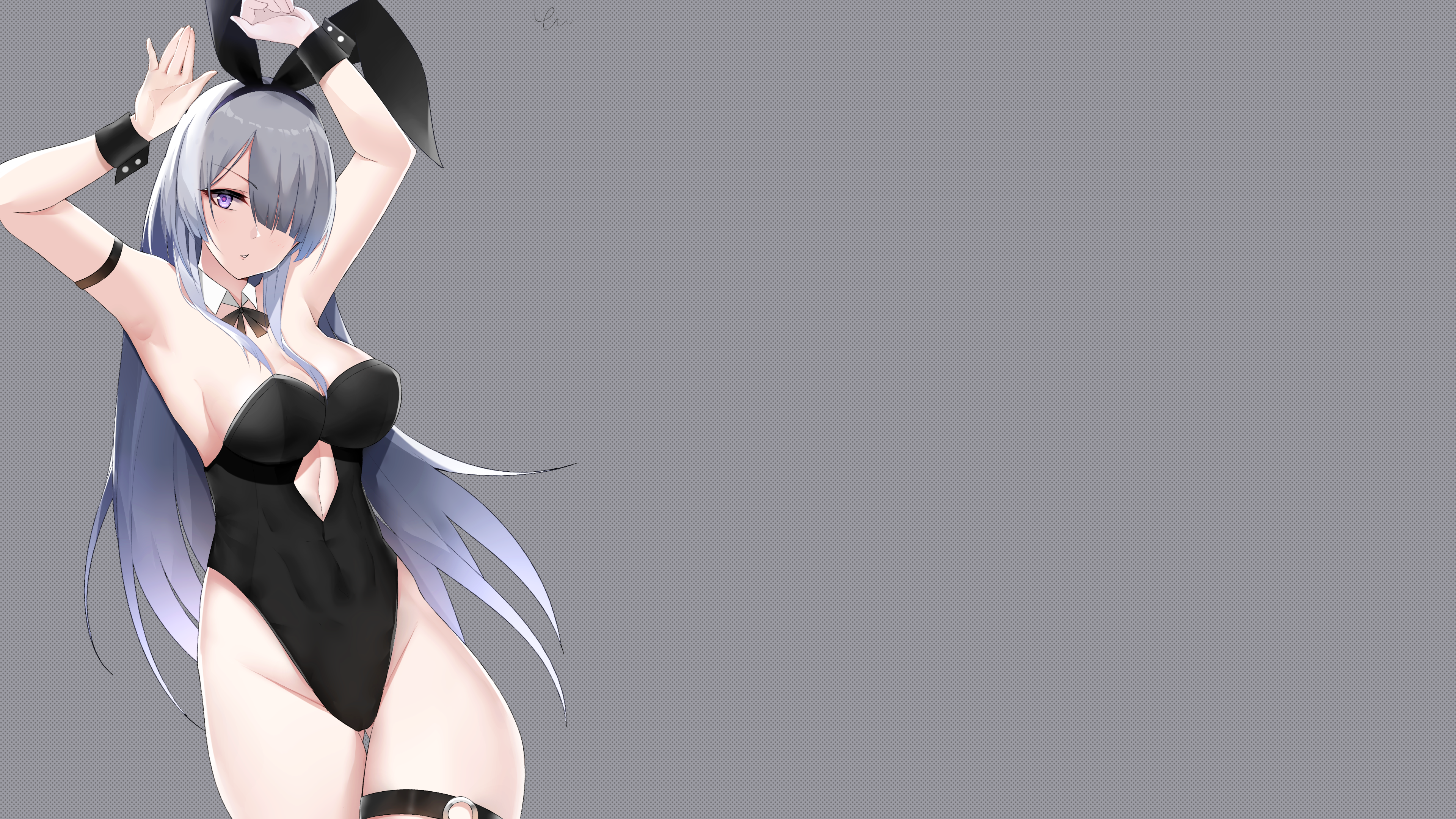 Anime 3840x2160 Girls Frontline leotard bare shoulders cleavage boobs belly belly button bangs blunt bangs long hair gray hair bunny ears bunny girl thighs thighs together butt fangs bow tie cuffs wrist cuffs thigh strap arm(s) behind head looking at viewer the gap shiny hair gray background purple eyes black leotard hair over one eye skindentation hairband collar armpits anime girls AK-15 (Girls Frontline) bunny suit arms up simple background