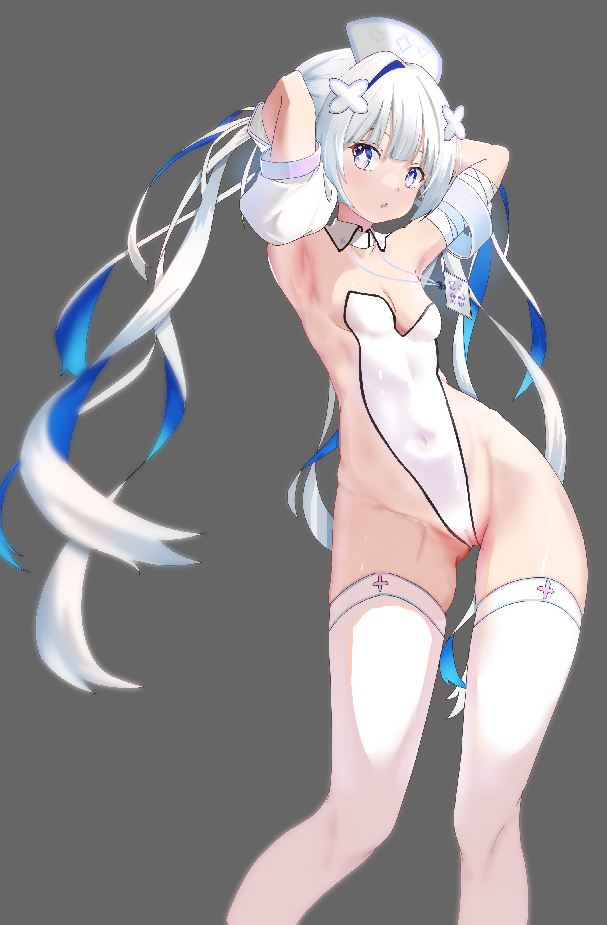 Anime 2128x3244 leotard Hololive Amane Kanata thigh-highs looking at viewer anime girls white hair cameltoe small boobs arms up armpits