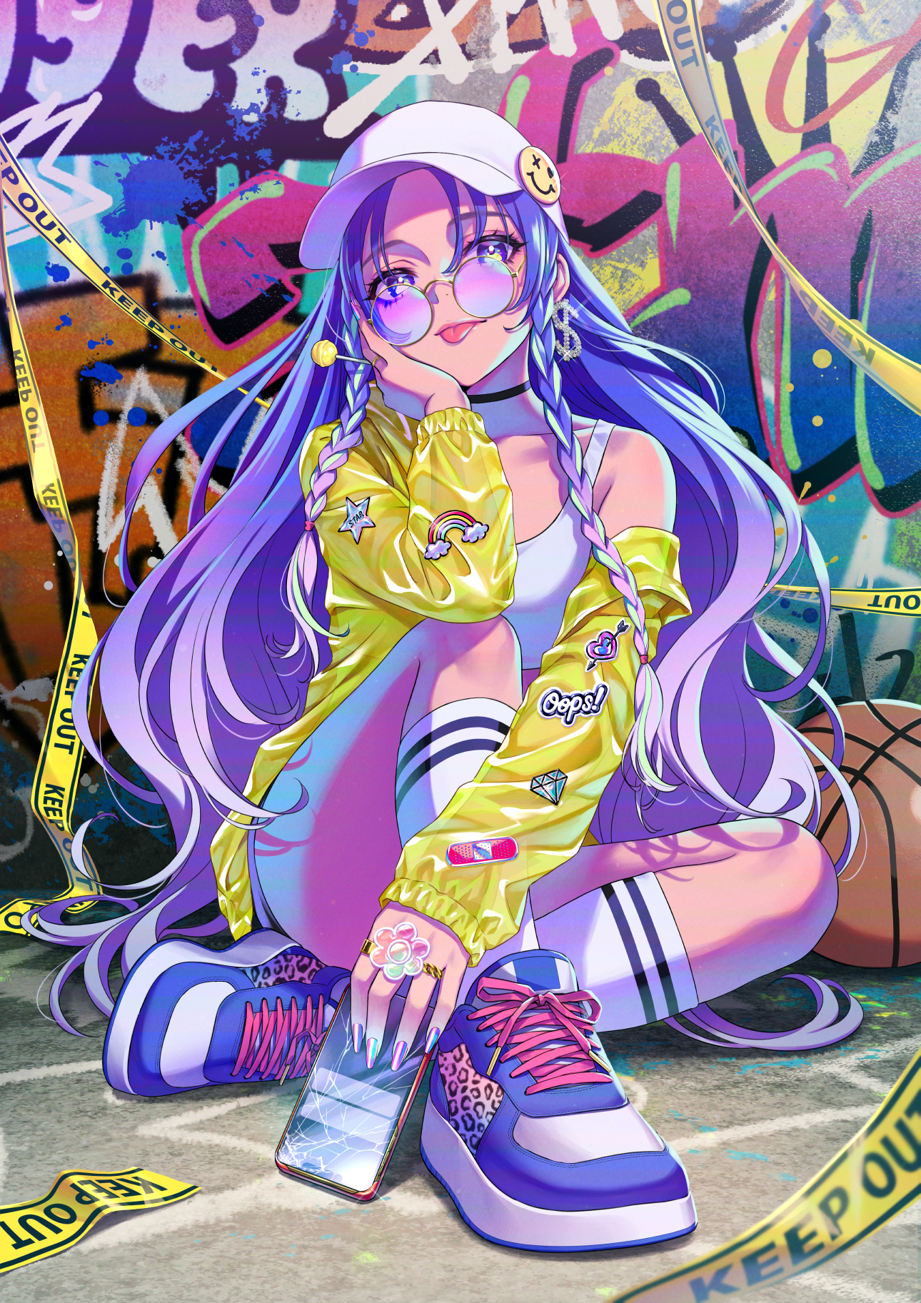 Anime 1290x1825 anime anime girls hat sunglasses shoes phone tongue out graffiti artwork Morikura En