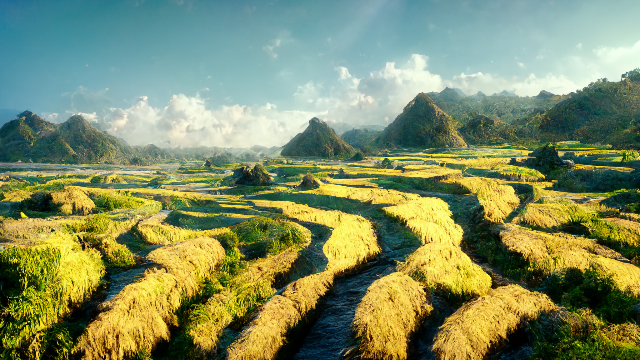 General 2048x1152 rice fields mountains field green landscape clouds sky AI art
