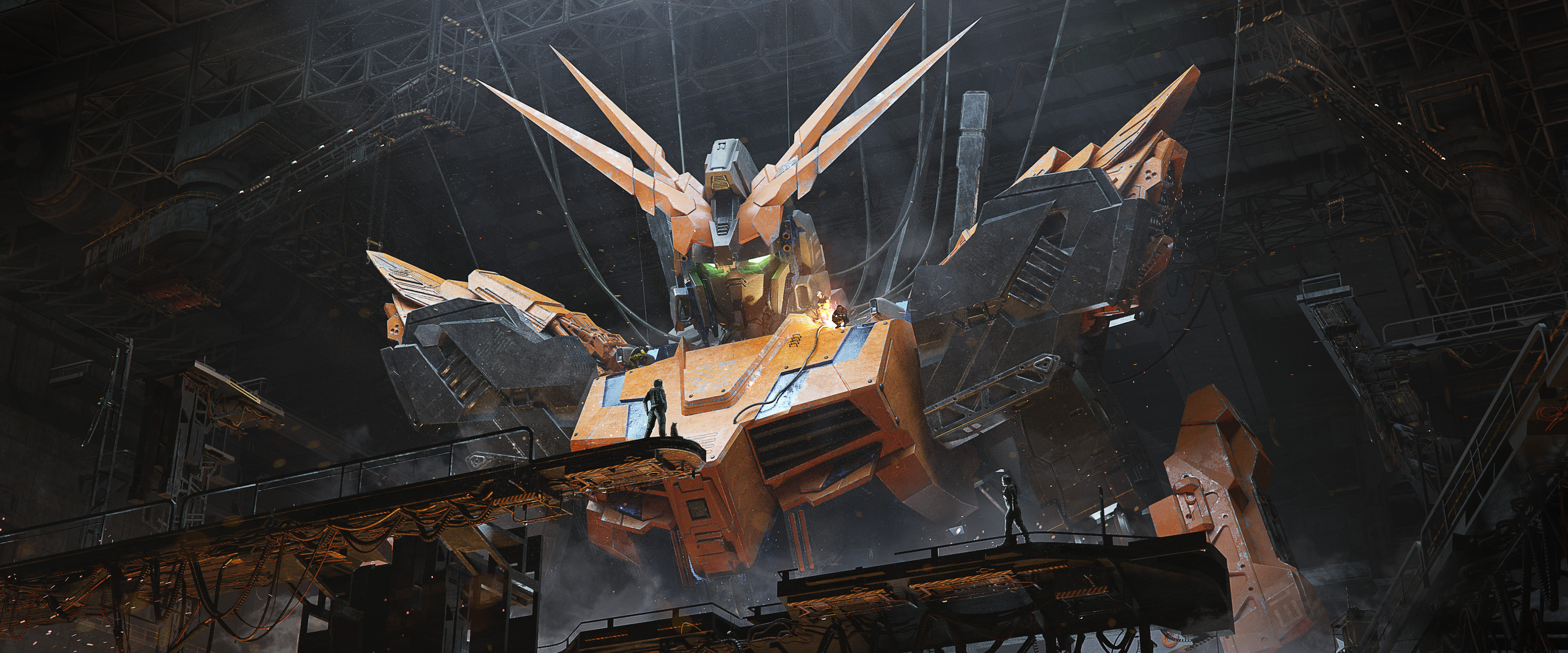 General 3840x1600 Gundam robot giant digital art illustration artwork CGI 2D hangar concept art science fiction environment mechs