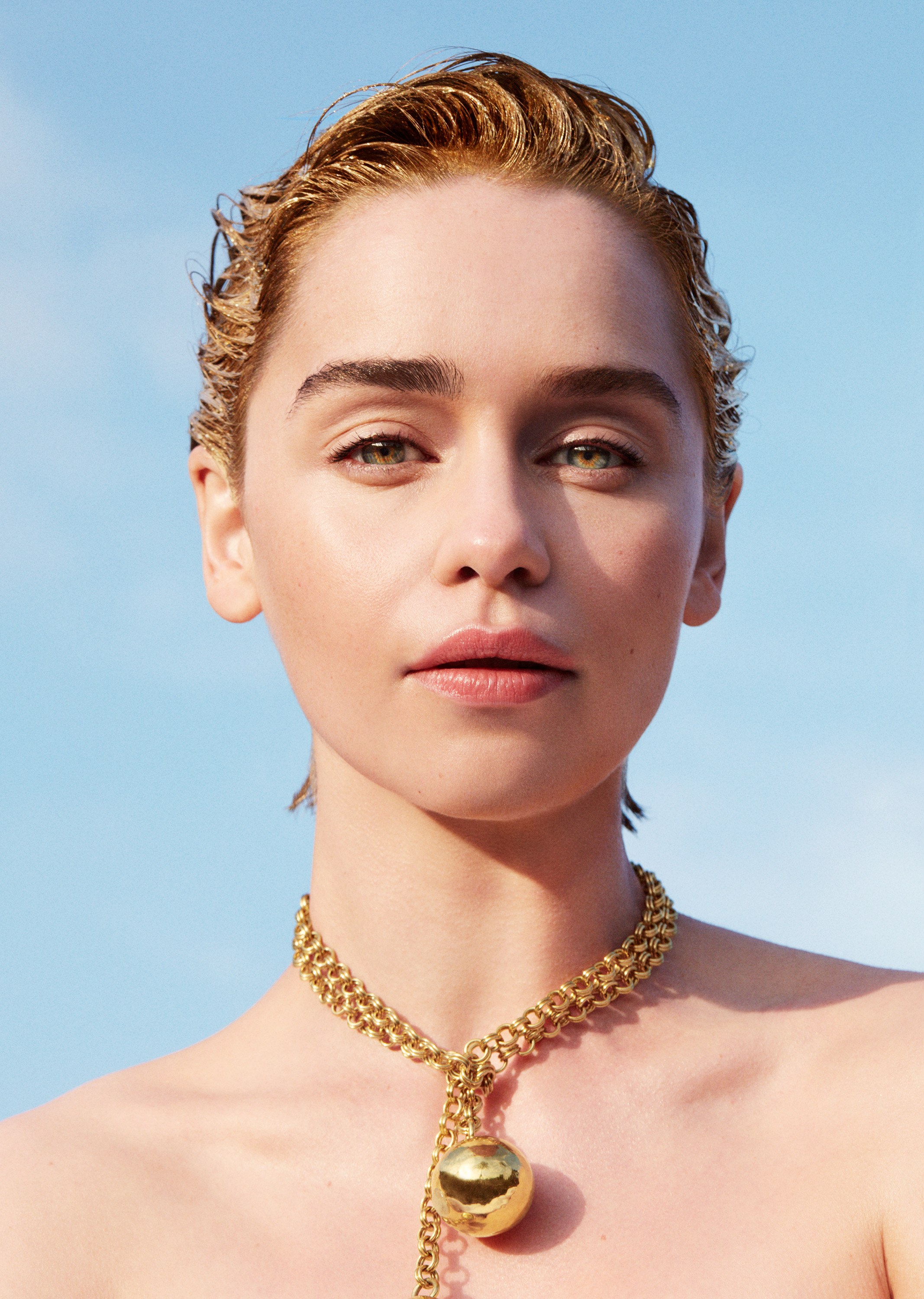 People 2134x3000 Emilia Clarke blonde blue eyes pink lipstick necklace face women actress portrait display closeup
