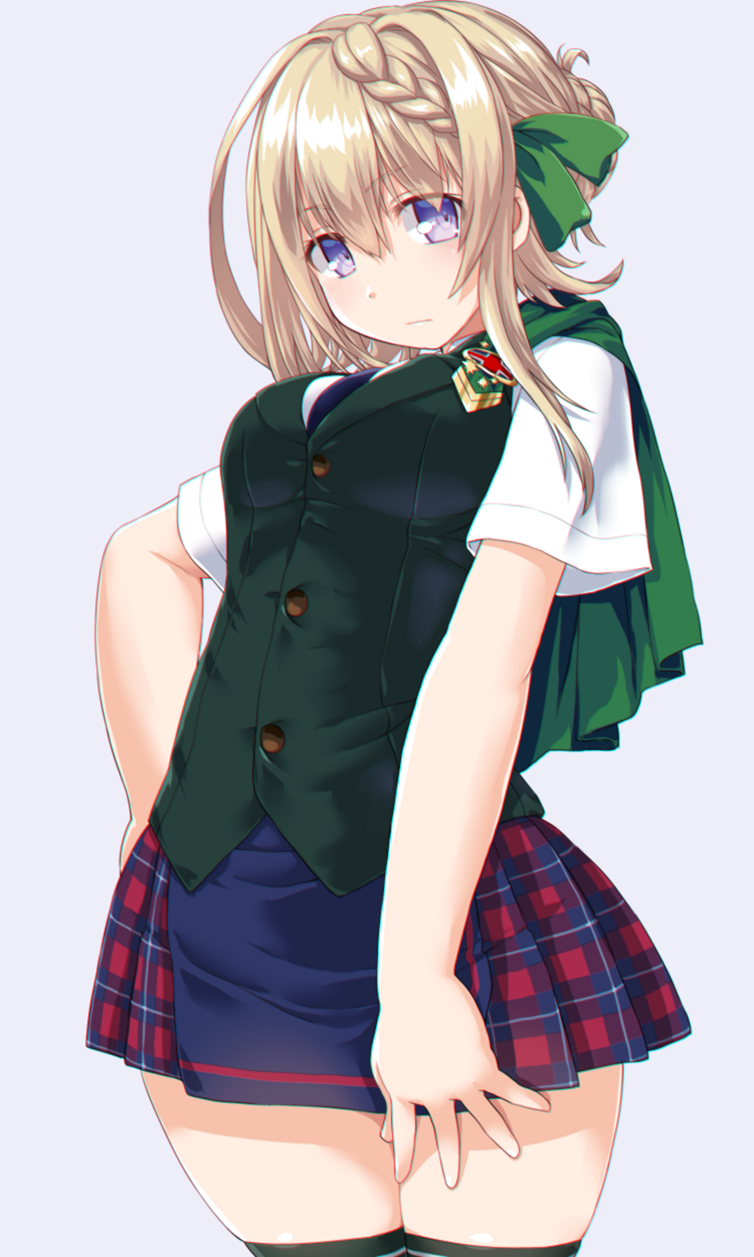 Anime 1500x2500 anime anime girls Kantai Collection Perth (KanColle) long hair blonde solo artwork digital art fan art skirt thighs sad white background standing green clothing plaid skirt looking at viewer