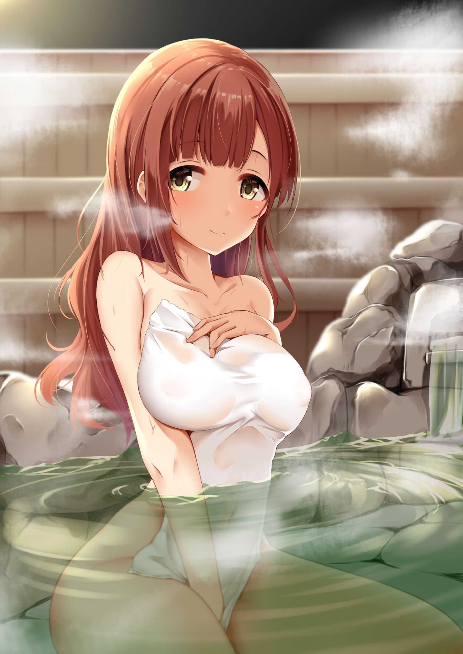 Anime 1529x2160 anime anime girls thighs big boobs THE iDOLM@STER: Cinderella Girls Igarashi Kyouko vertical hand between legs towel nude strategic covering hot spring brunette smiling THE iDOLM@STER Yigra Don bathing sitting