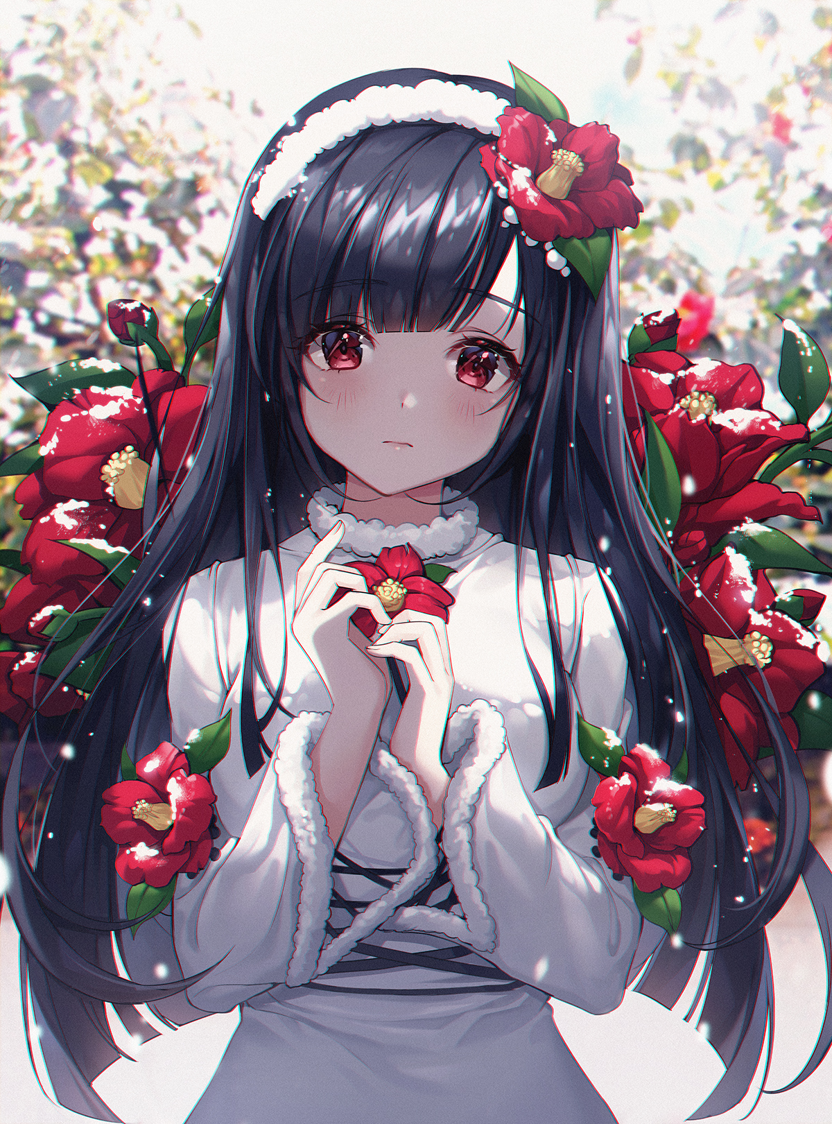 Anime 1200x1621 Ttosom anime anime girls red eyes black hair portrait display bangs flowers flower in hair