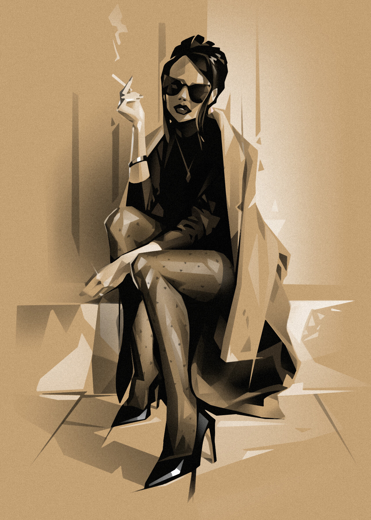General 1280x1796 Azamat Khairov artwork portrait display digital art sitting looking at viewer women cigarettes digital painting heels dark hair glasses ArtStation coats