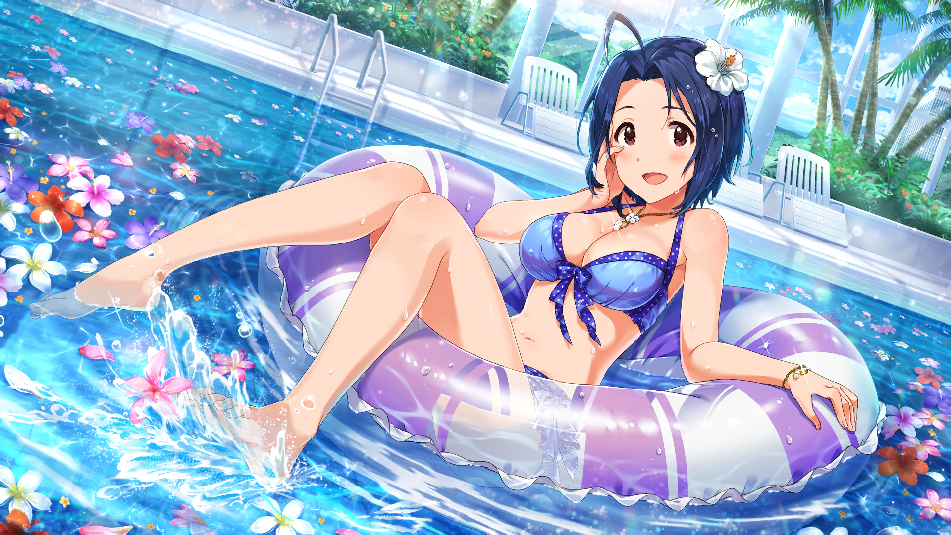 Anime 1920x1081 Miura Azusa anime girls bikini short hair THE iDOLM@STER: Million Live! blue hair blue swimsuit swimming pool cleavage THE iDOLM@STER Narumi Arata