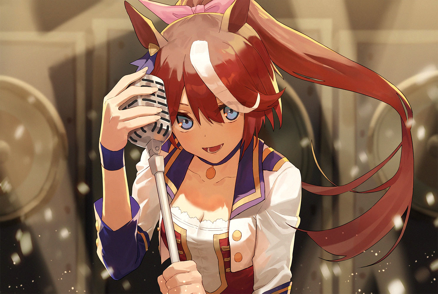 Anime 1487x1000 Uma Musume Pretty Derby singing microphone ponytail two tone hair bangs looking at viewer standing cleavage small boobs open mouth blue eyes long hair uniform white jacket animal ears anime girls Tokai Teio (Uma Musume) brunette white hair 2D anime fan art horse girls hair ribbon solo stage light smiling artwork