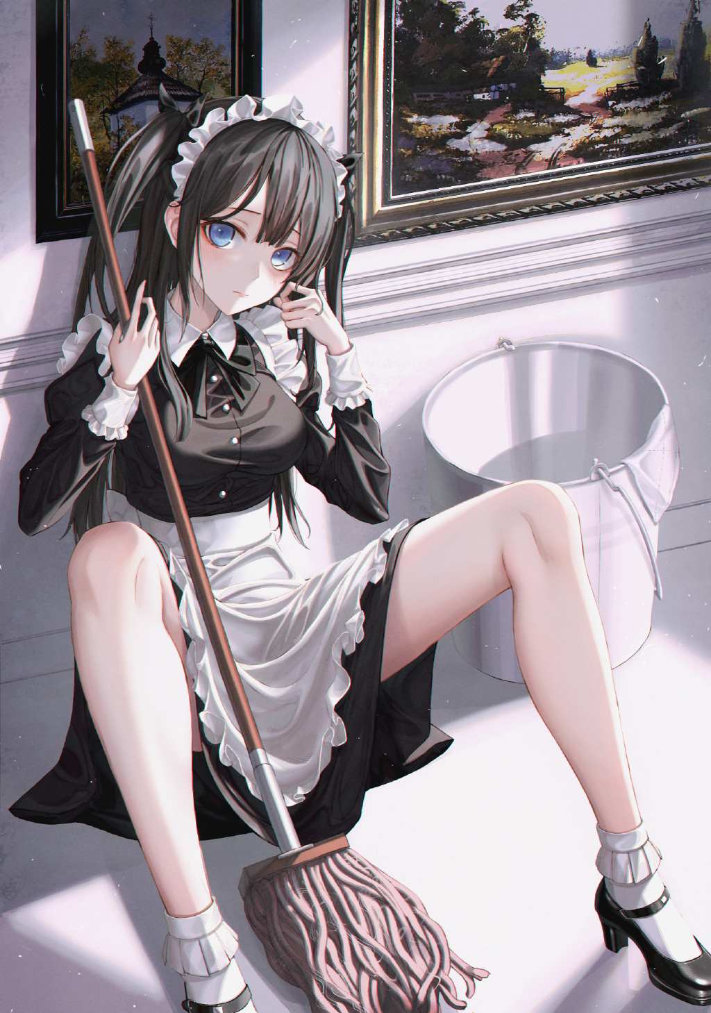 Anime 1024x1459 maid outfit Eichi anime anime girls black hair blue eyes spread legs