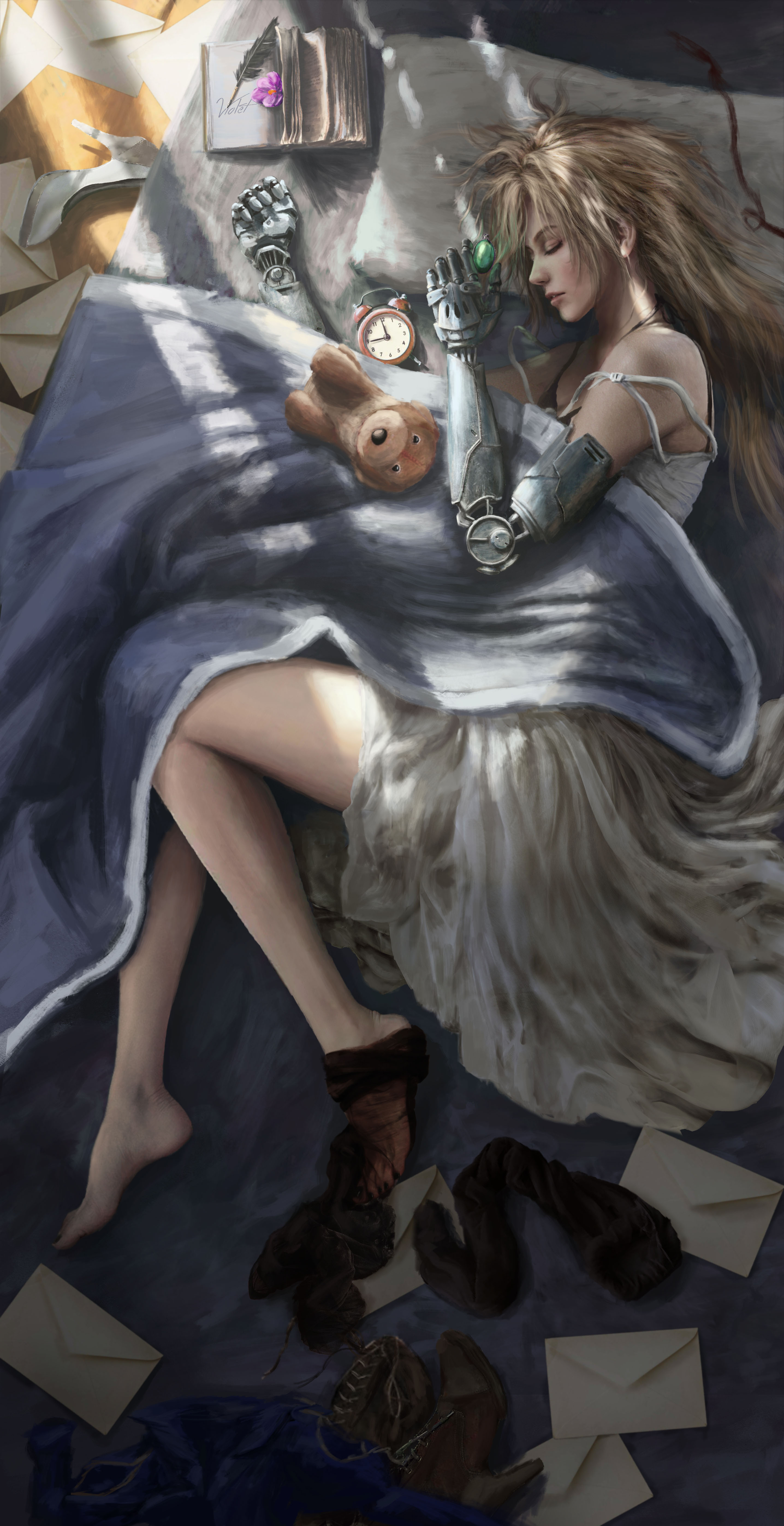 General 2872x5586 artwork science fiction women blonde Violet Evergarden (character) digital art portrait display lying down lying on side Violet Evergarden sleeping closed eyes teddy bears parted lips long hair messy hair clocks bed pillow heels sunlight pointed toes letter boots straps gemstones off shoulder in bed barefoot
