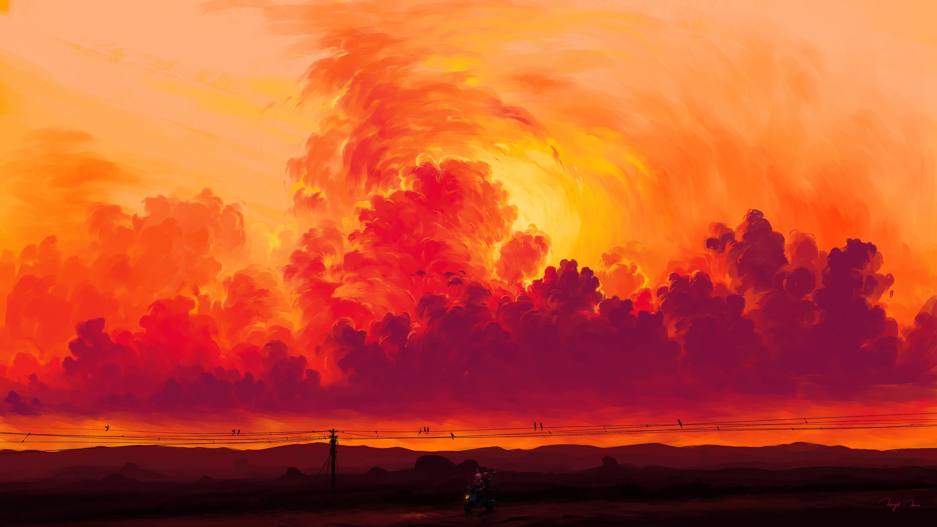 General 1920x1080 digital painting sunset sky clouds biker BisBiswas