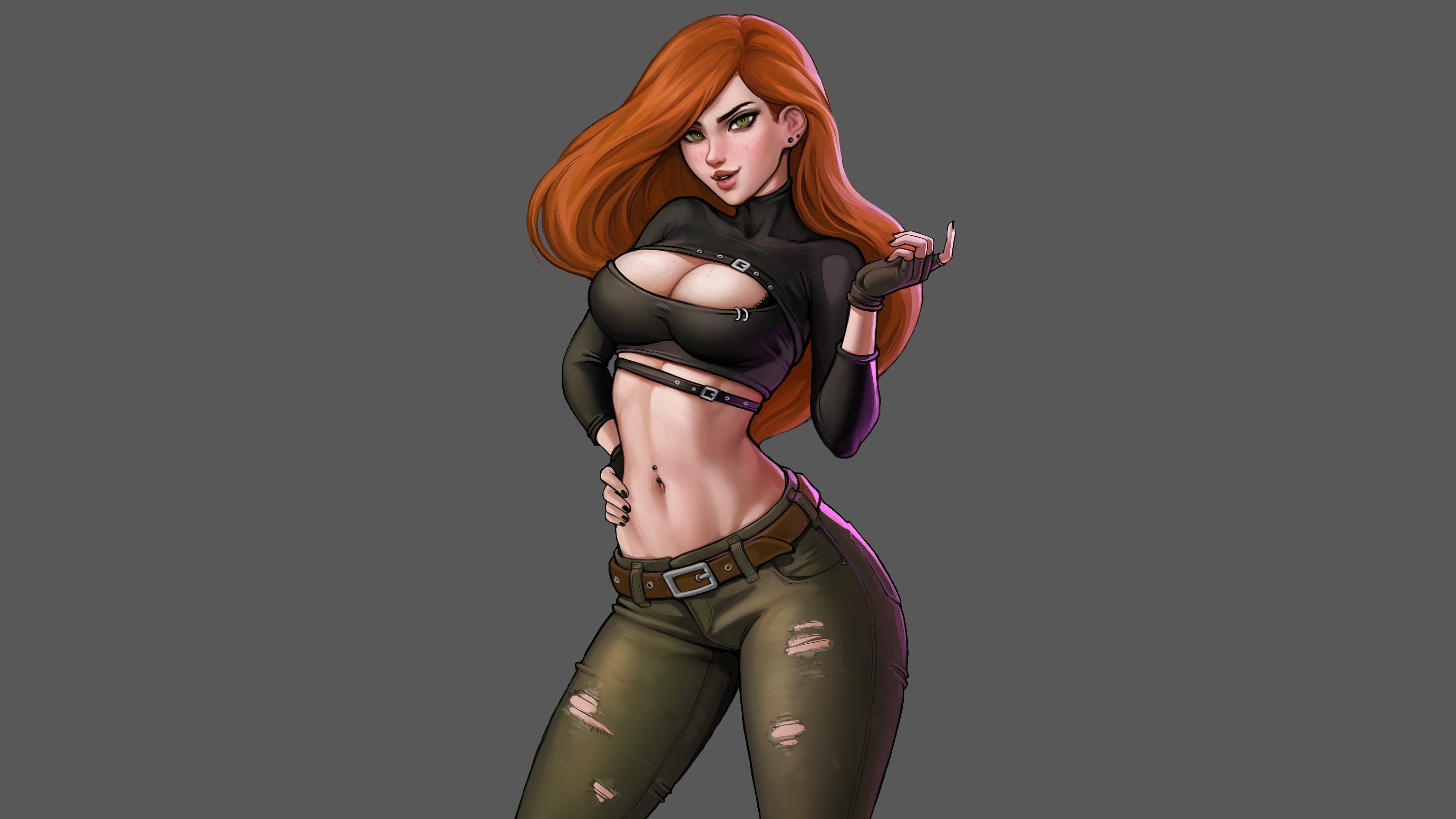 General 4218x2373 Aroma Sensei Kim Possible looking at viewer long hair redhead black top crop top cleavage cutout belly thighs abs Kimberly Ann Possible digital art simple background