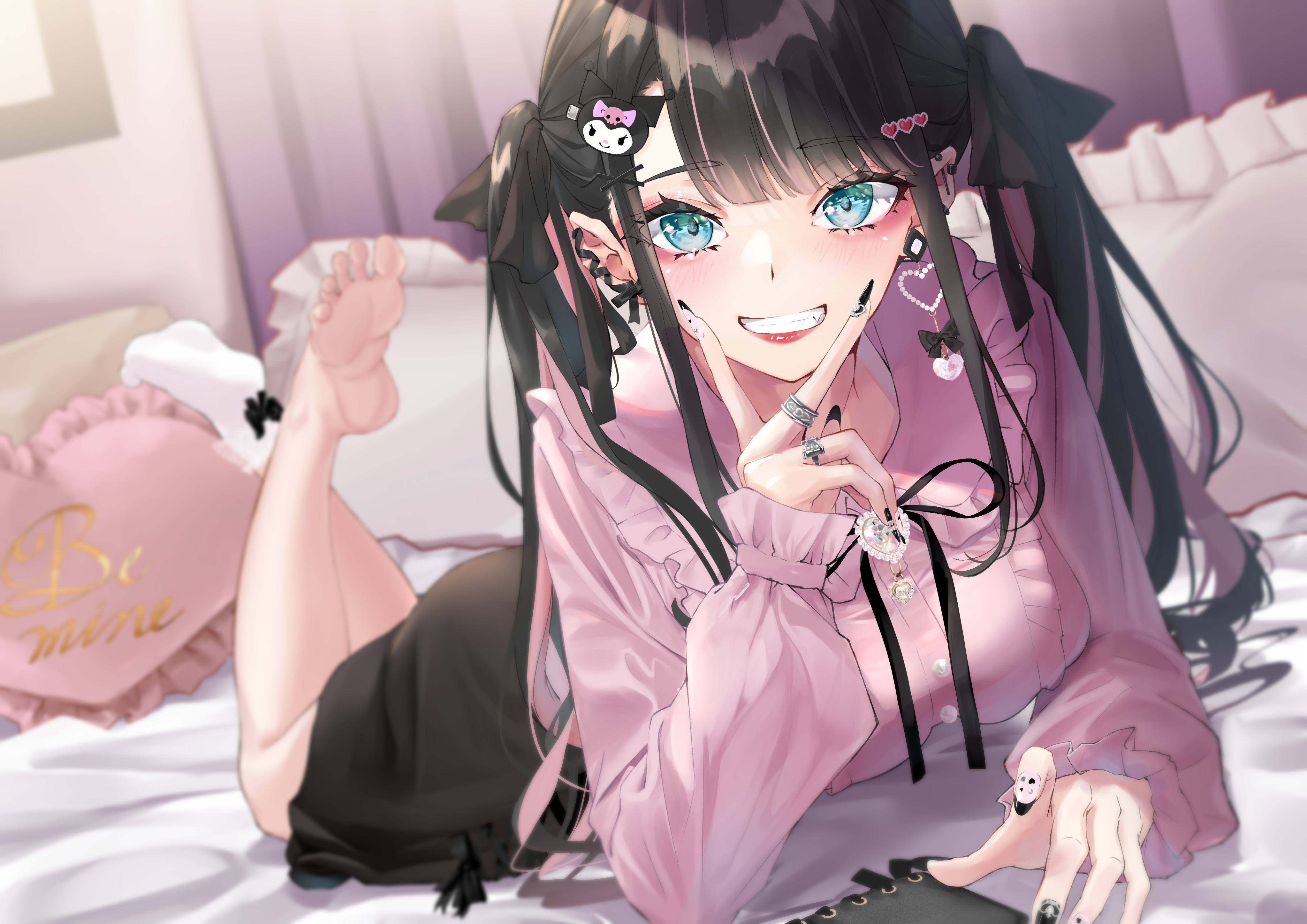 Anime 4093x2894 anime anime girls barefoot legs feet in bed black hair smiling Mirea bed looking at viewer twintails women indoors aqua eyes Kuromi hair ornament blue eyes long sleeves lying on front foot sole pillow two tone hair rings