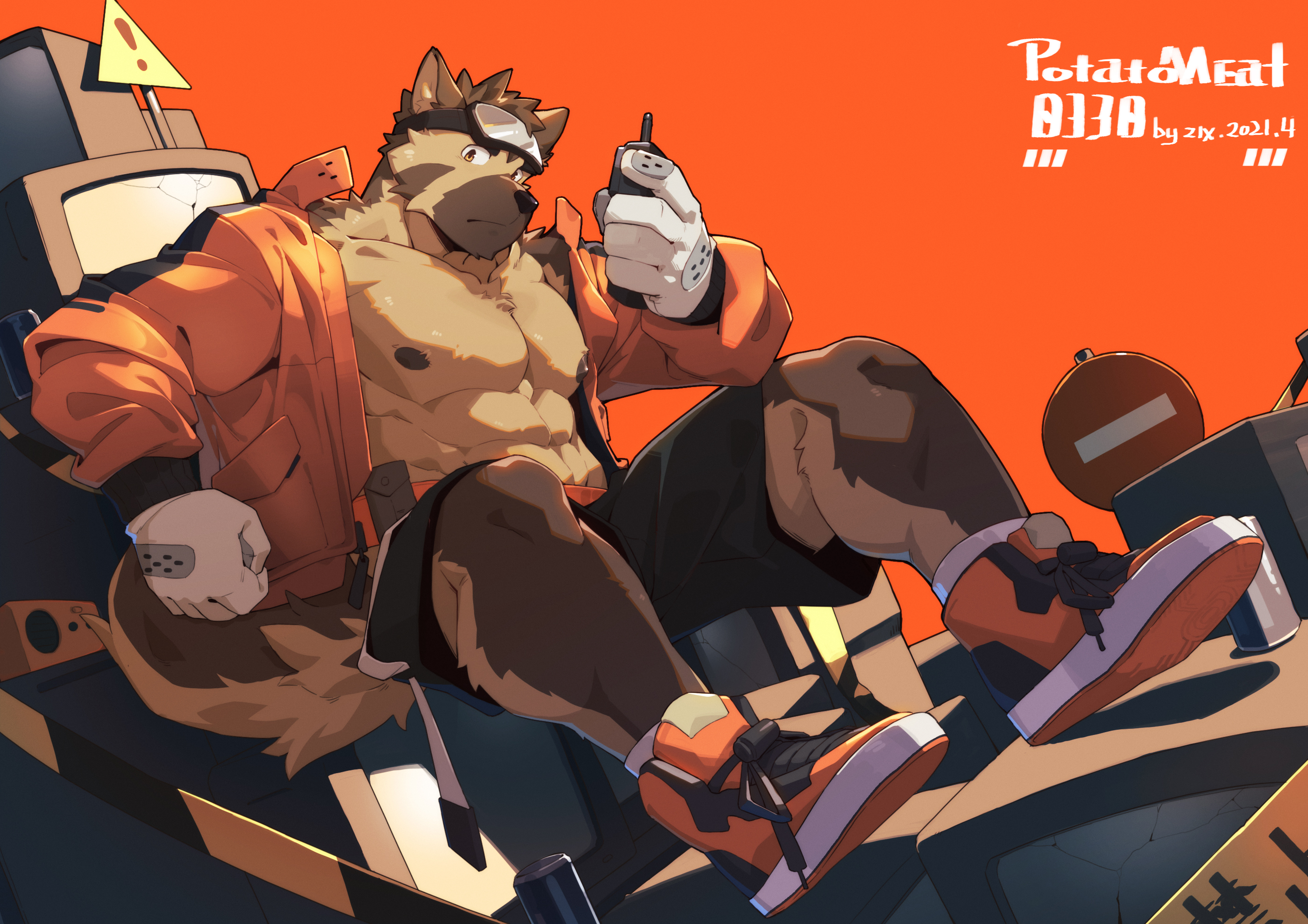Anime 2800x1979 muscles Anthro sneakers jacket red jackets fur shorts black shorts furry bara_(genre)