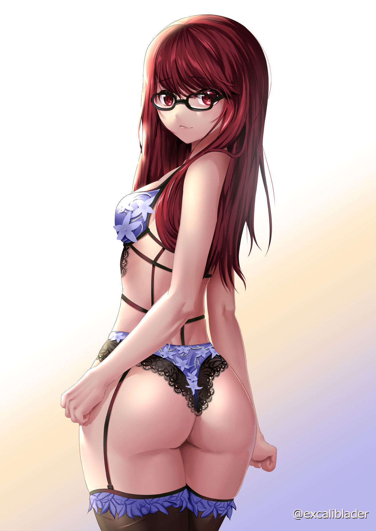 Anime 1228x1736 anime girls Persona 5 Kasumi Yoshizawa Excaliblader lingerie lace underwear ass black stockings garter straps red eyes thighs redhead glasses