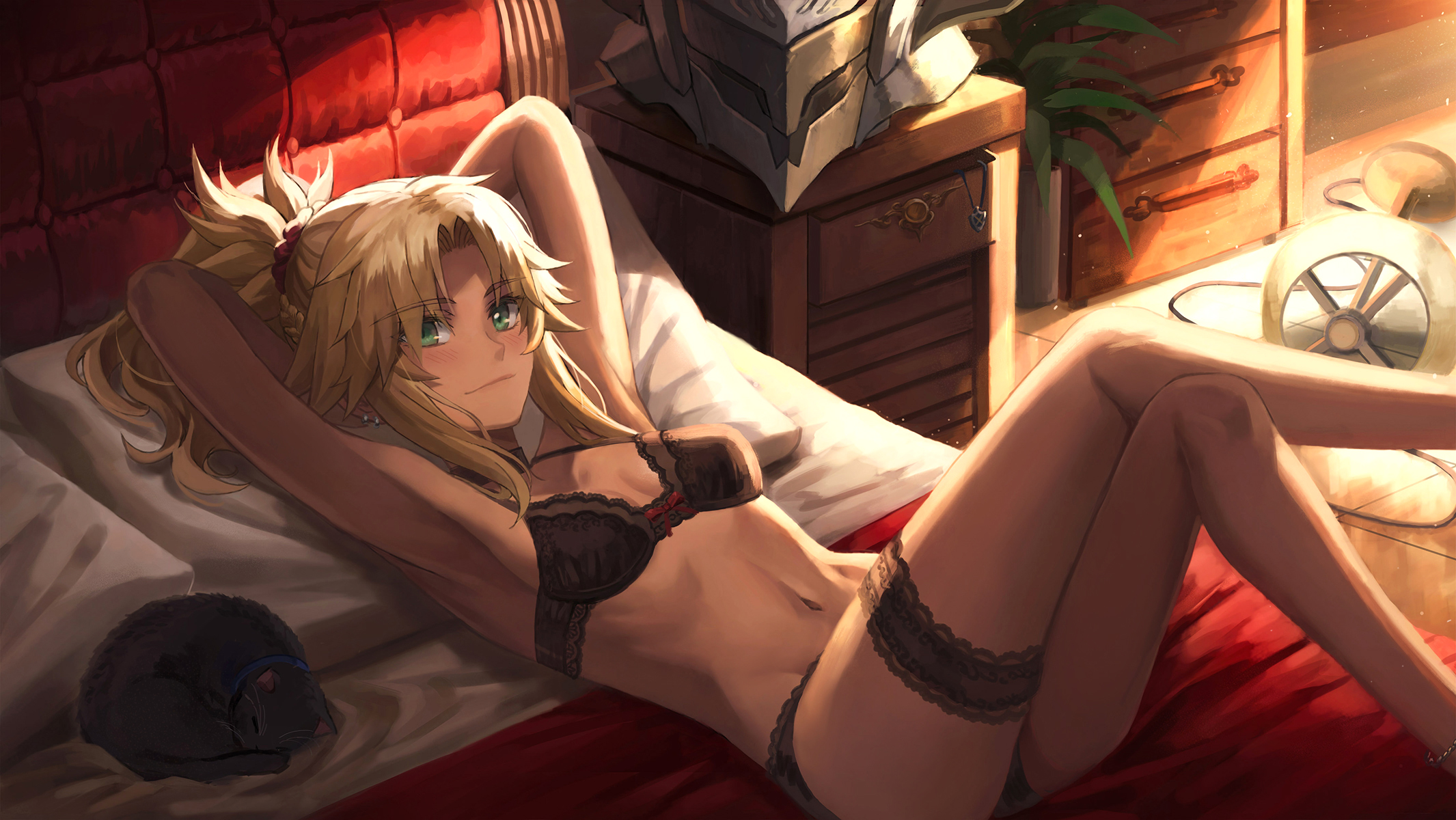 Anime 2131x1200 Fate/Apocrypha  Fate series small boobs ponytail blonde smiling blushing thighs legs crossed lying on back ecchi cleavage belly button green eyes anime girls bangs black underwear black cats piercing armpits tight waist french braids long hair Mordred (Fate/Apocrypha) belly looking at viewer arms behind head 2D anime black stockings choker in bed armor helmet fan art artwork Tonee Fate/Grand Order