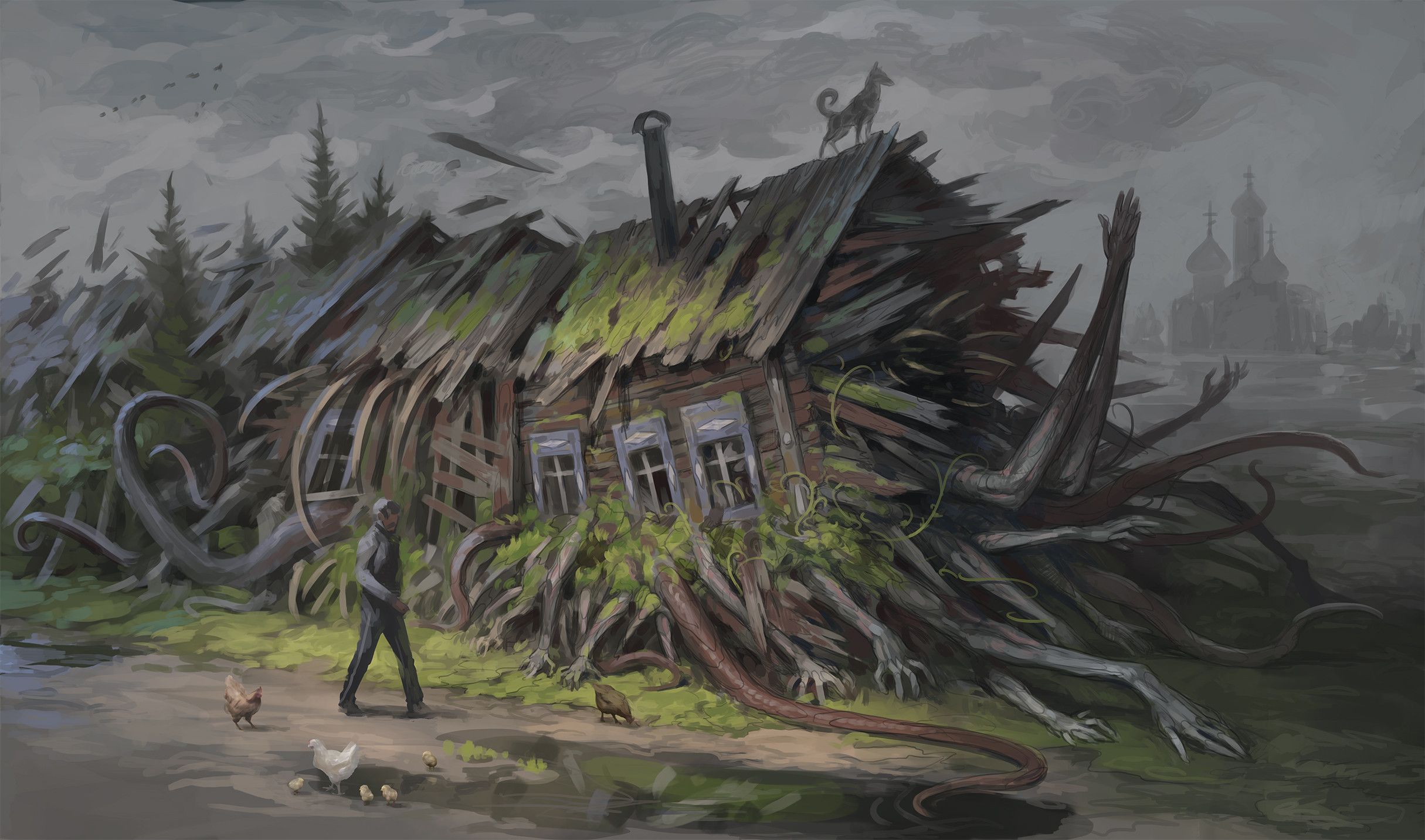General 2430x1433 digital art artwork Denis Zhbankov creepy fantasy art wooden huts house tentacles church hands men