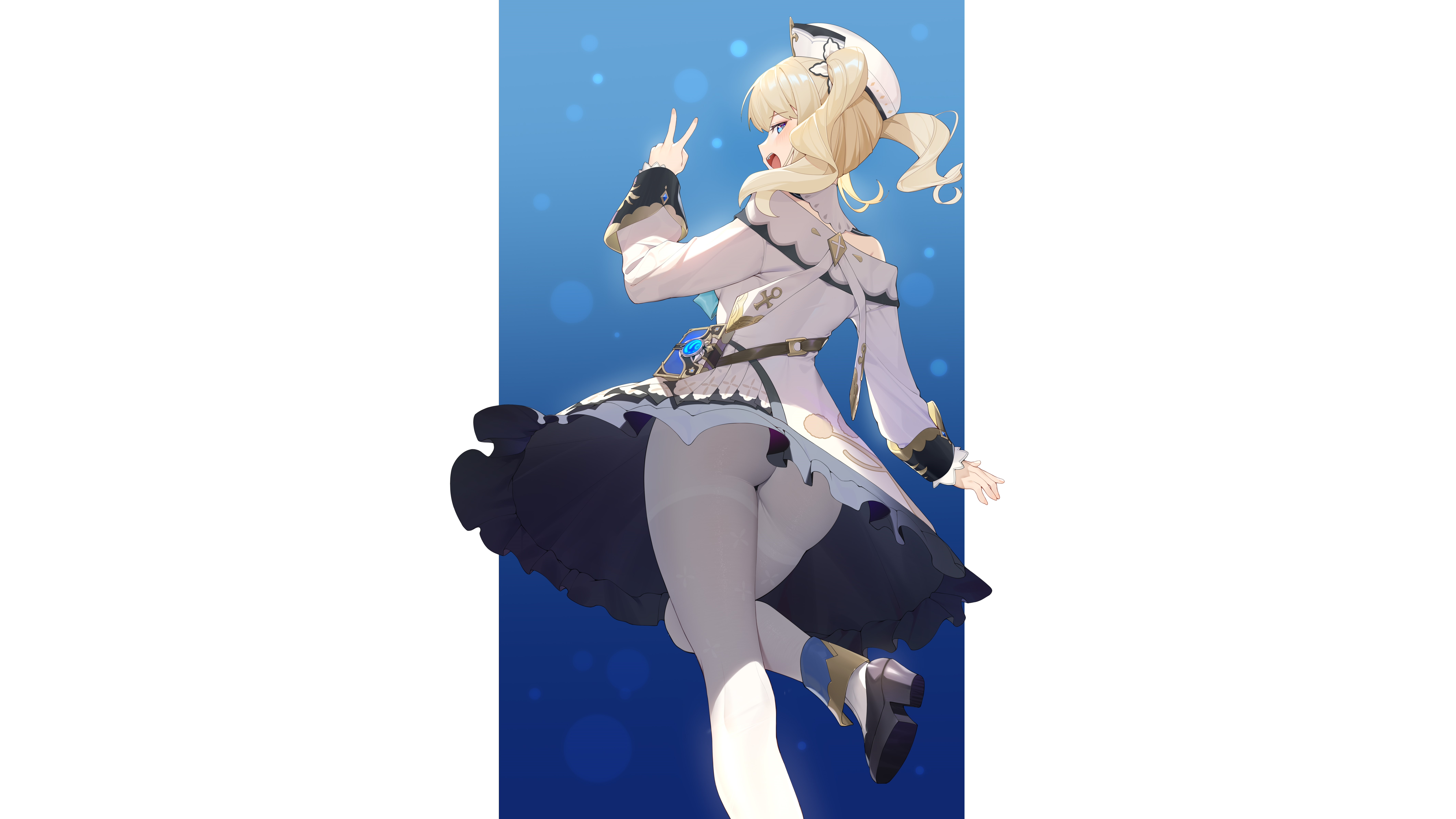 Anime 8505x4784 Guangsupaomian Barbara (Genshin Impact) Genshin Impact anime anime girls digital art simple background looking at viewer peace sign leg up blonde twintails dress upskirt ass white stockings stockings legs thighs