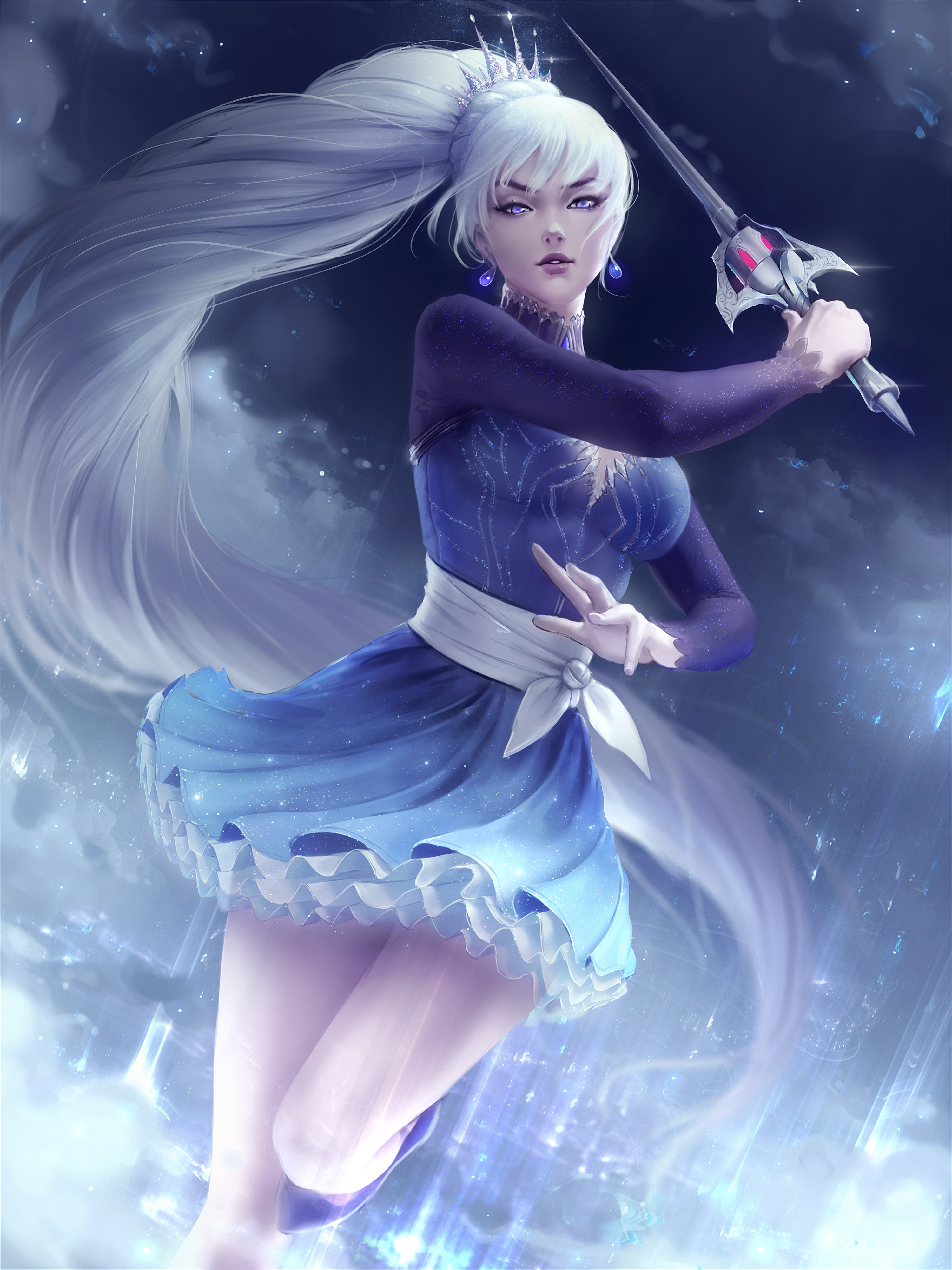 Anime 3000x4000 Weiss Schnee RWBY white hair long hair ponytail crown sword looking at viewer bangs parted lips dress portrait display artwork drawing digital art illustration fan art Zarory
