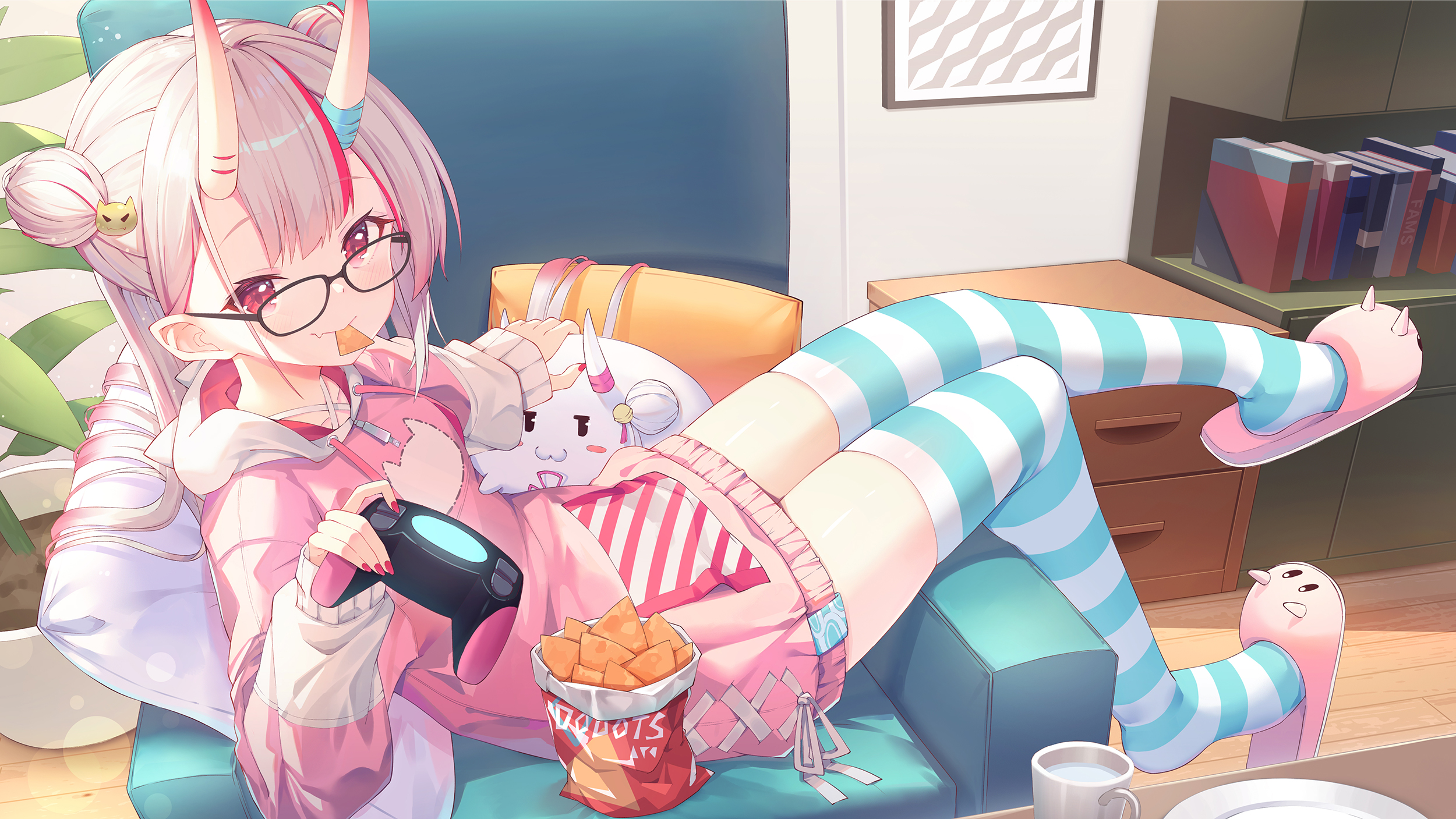 Anime 2500x1407 anime anime girls Hololive Virtual Youtuber Nakiri Ayame glasses horns controllers stockings striped stockings slippers lying on couch