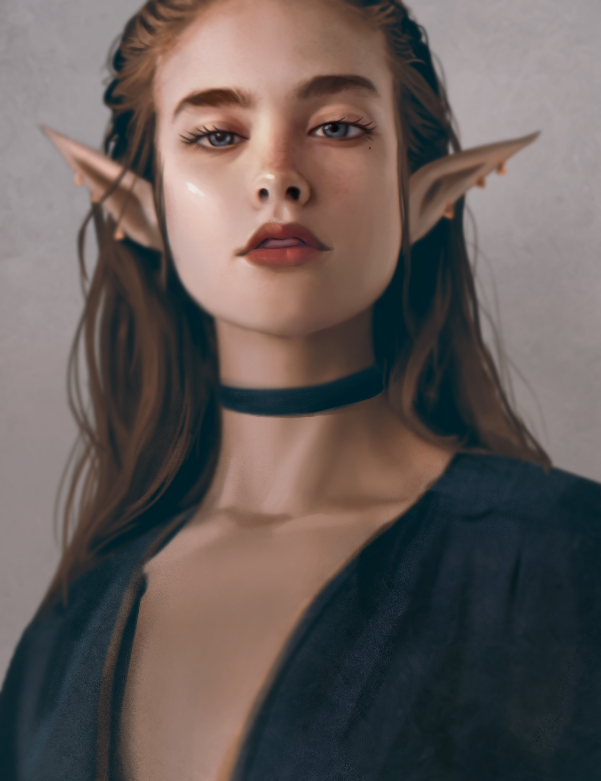 General 2480x3221 Sloth Being (artist) digital art elves fictional character portrait portrait display choker women fantasy art fantasy girl red lipstick pointy ears looking at viewer