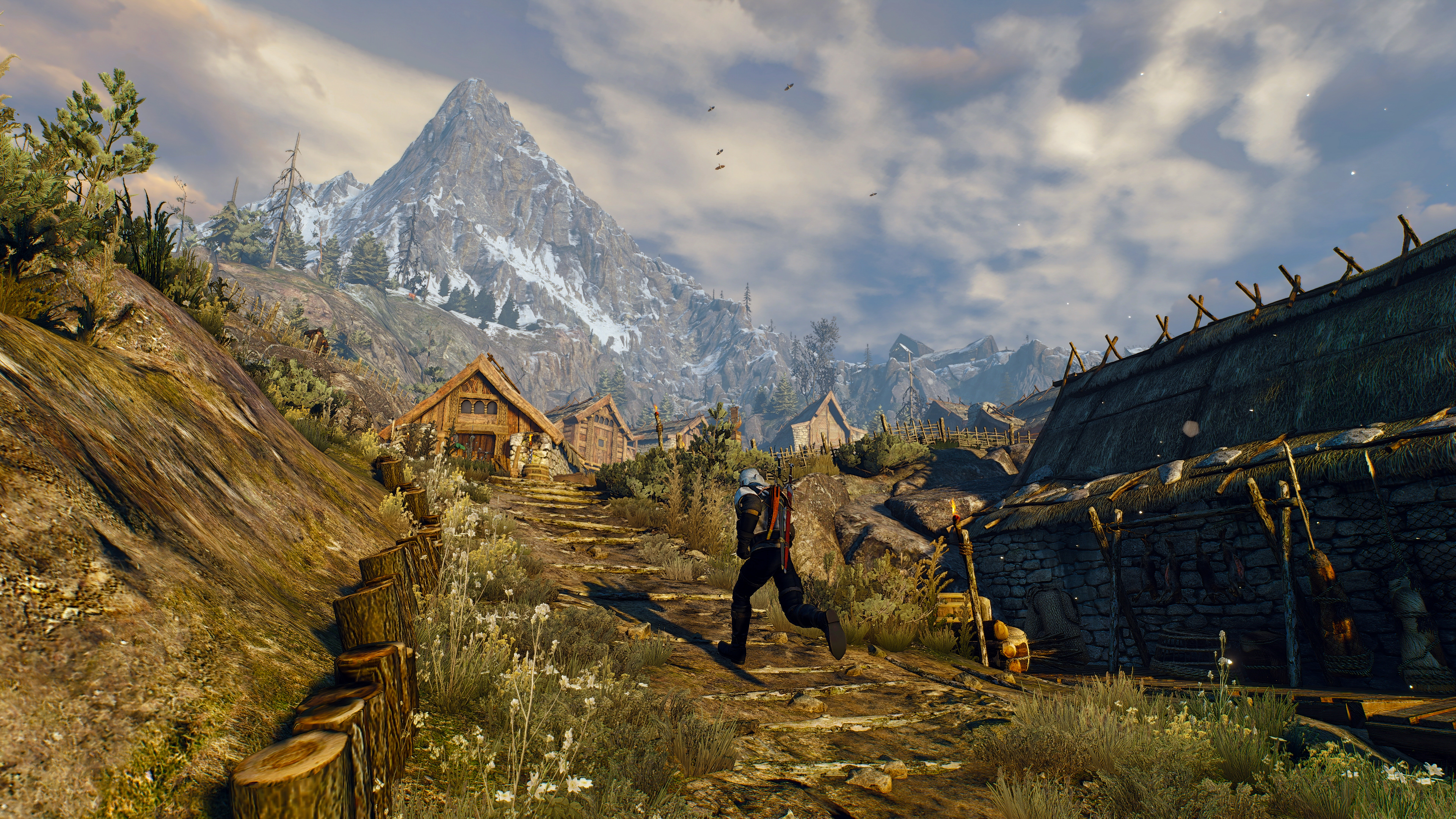 General 3840x2160 The Witcher 3: Wild Hunt Geralt of Rivia screen shot Book characters running video games The Witcher video game art clouds sky video game characters CD Projekt RED mountains snowy mountain path