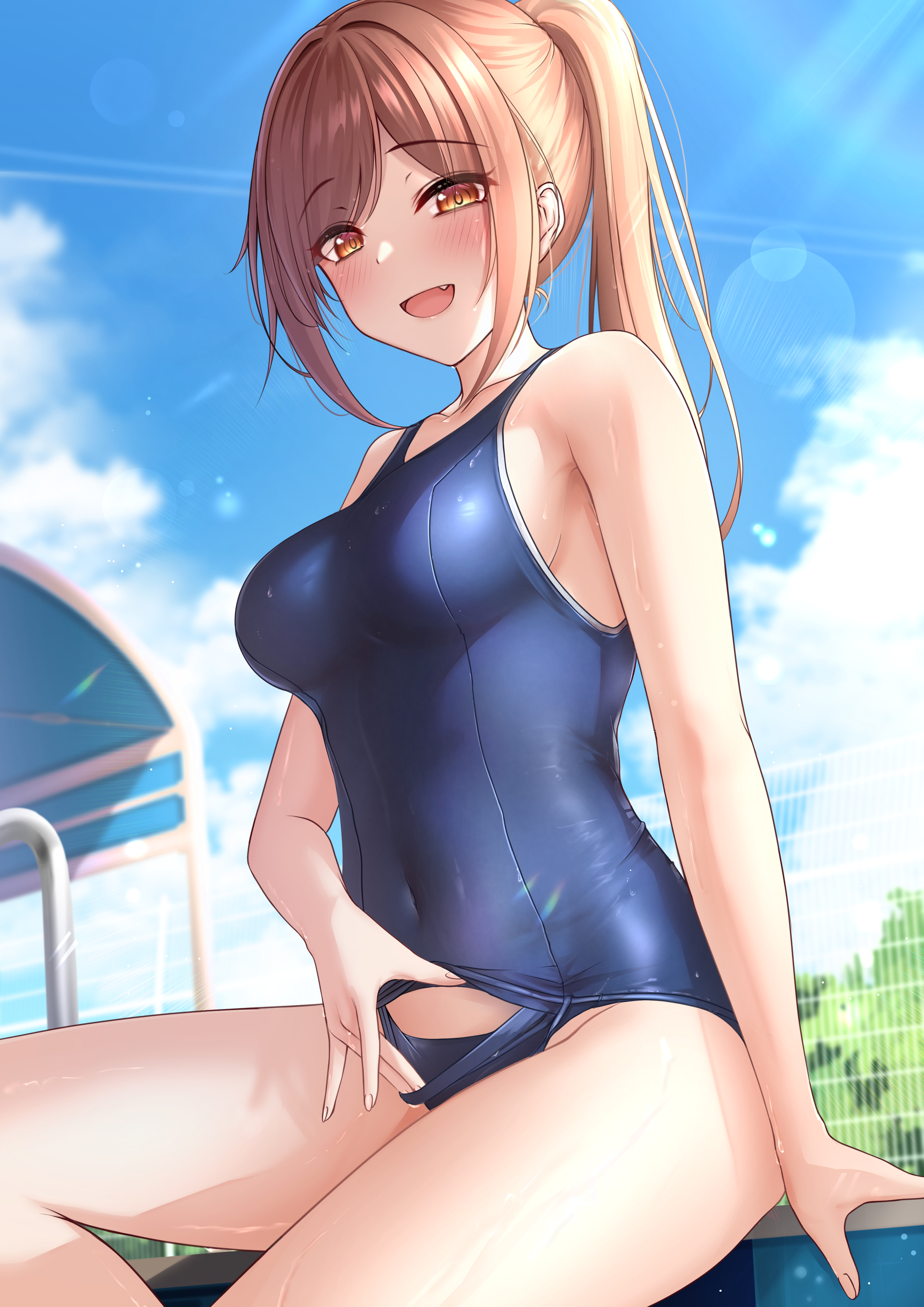 Anime 2894x4093 anime anime girls swimwear one-piece swimsuit open mouth brunette boobs sitting looking at viewer long hair brown eyes ponytail school swimsuits Karu