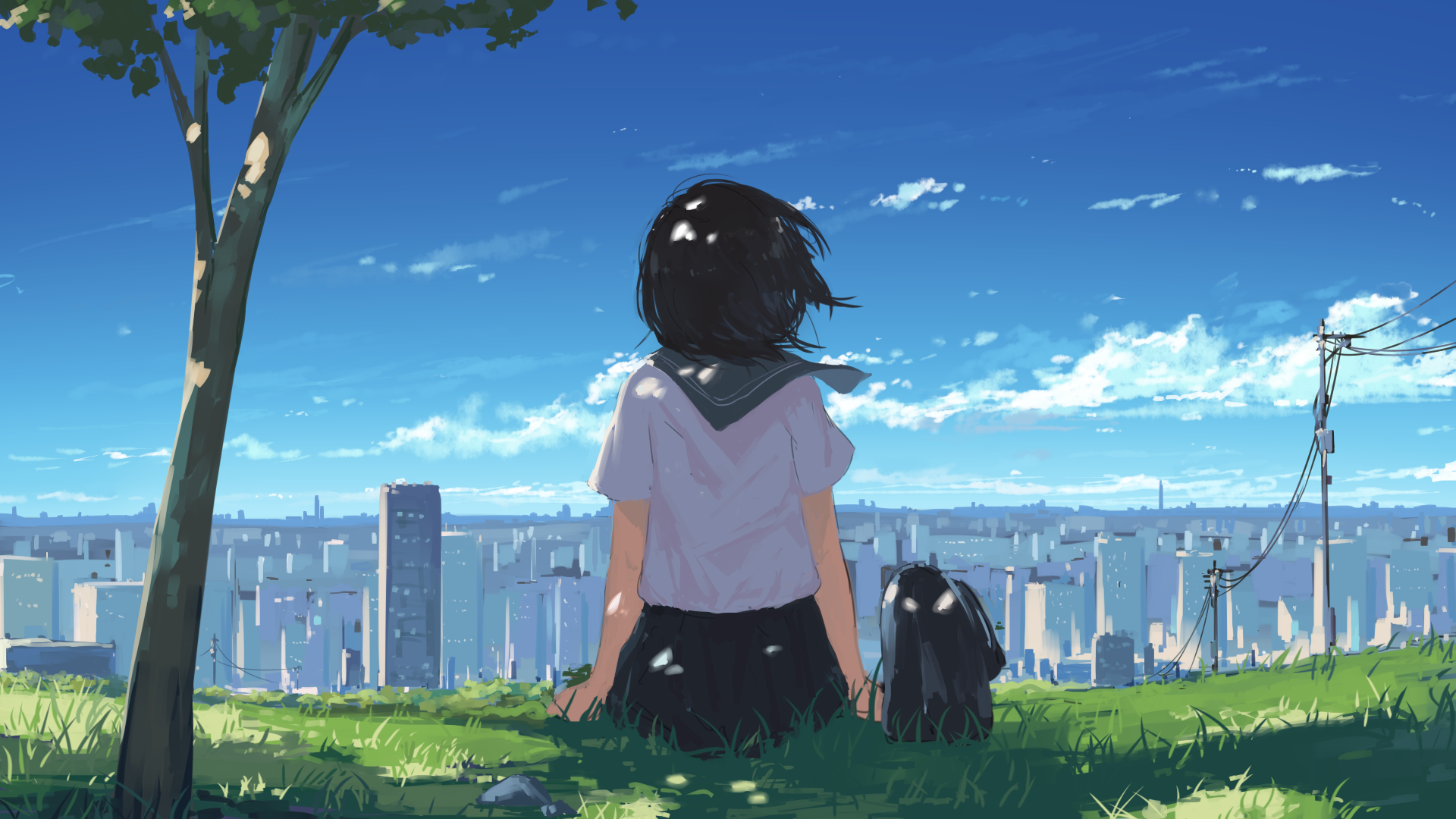 Anime 1920x1080 anime girls schoolgirl original characters cityscape Arttssam grass windy backpacks sky clouds trees sitting back