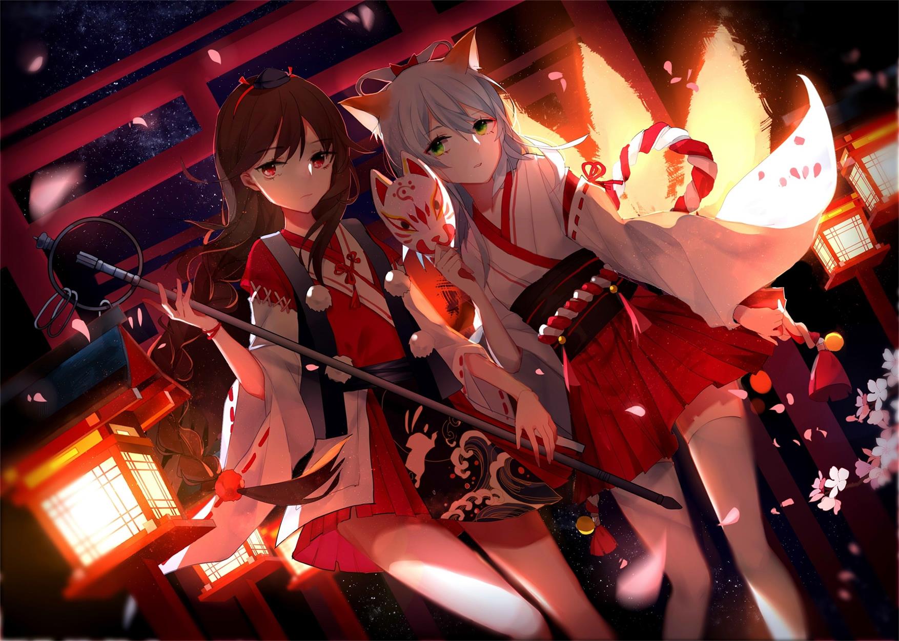 Anime 1754x1251 anime girls torii miko Japanese clothes animal ears tail brunette silver hair red eyes green eyes artwork Yu Jiu Vocaloid Luo Tianyi (vocaloid) Yuezheng Ling