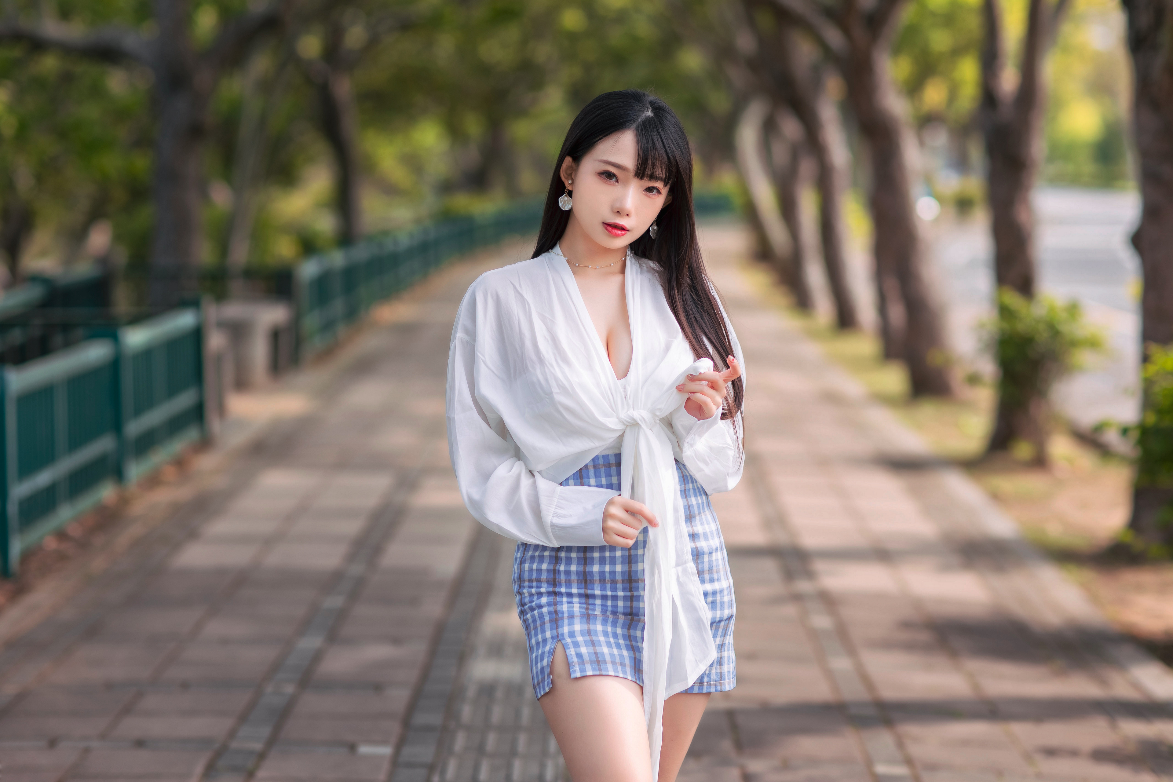 People 3840x2560 Asian model women long hair black hair miniskirt blouses depth of field trees fence earring grass Ning Shioulin