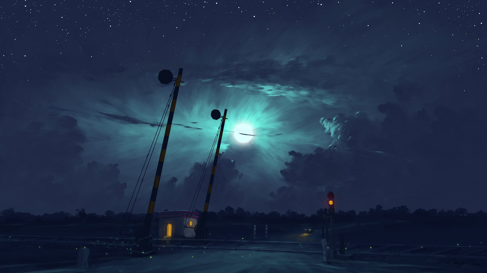 General 1920x1080 digital art night Moon sky clouds car landscape BisBiswas artwork