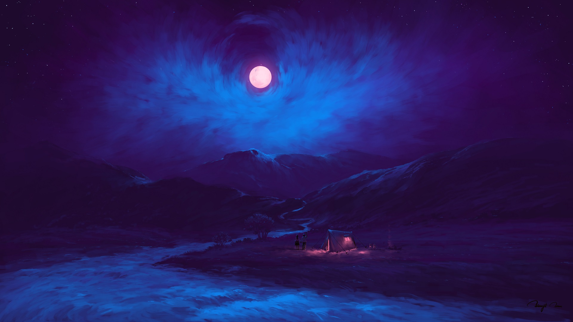General 1920x1080 digital painting landscape night clouds Moon river mountains couple camp romantic BisBiswas blue purple