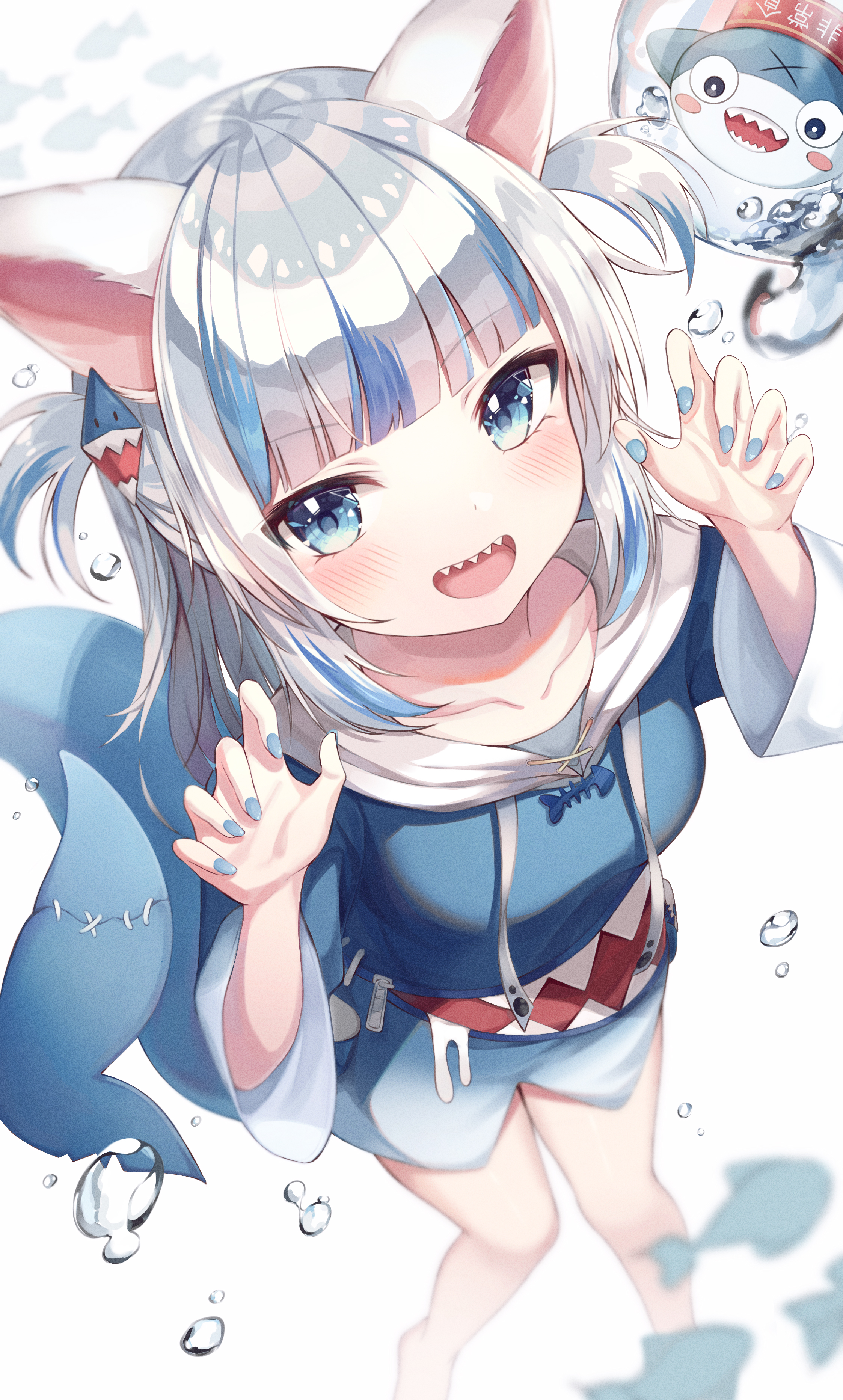 Anime 2245x3728 anime anime girls Virtual Youtuber Hololive Gawr Gura high angle open mouth animal ears portrait display blue eyes silver hair cyan hair painted nails blue nails standing looking at viewer