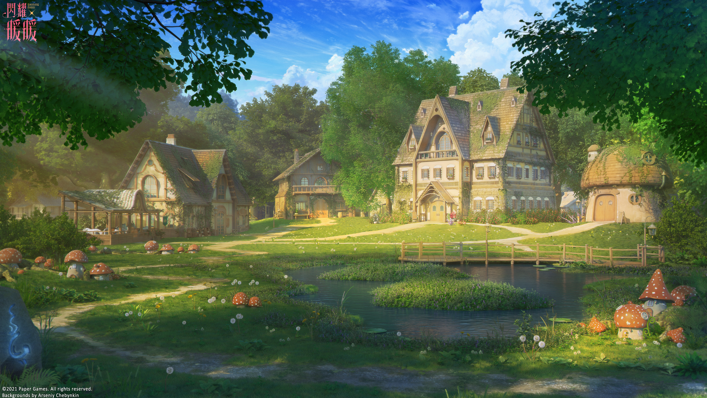 Anime 2300x1294 house ArseniXC forest sky clouds