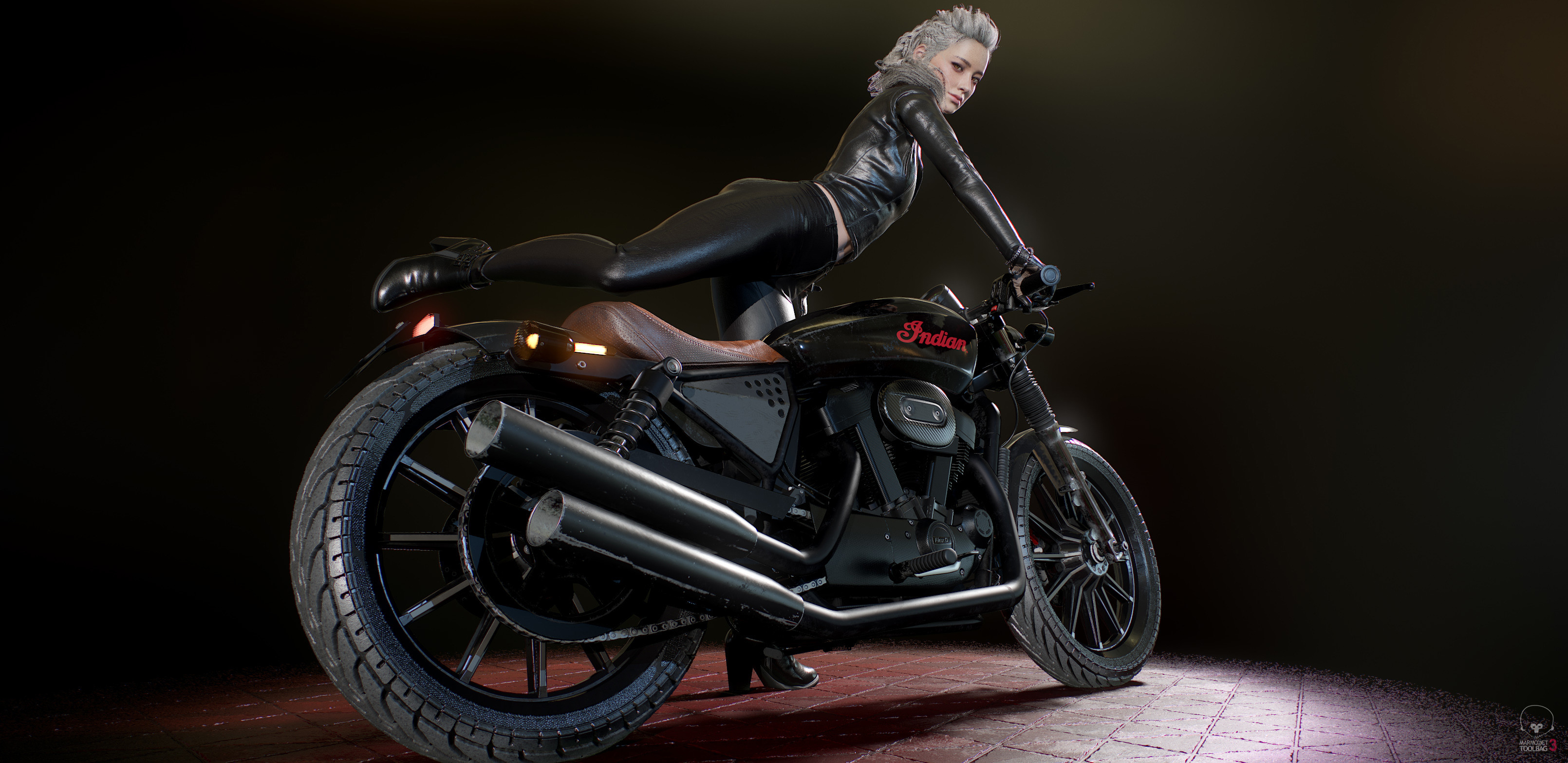 General 3220x1566 Seungmin Kim digital art artwork motorcycle women black clothing helmet blonde vehicle CGI Indian (brand)