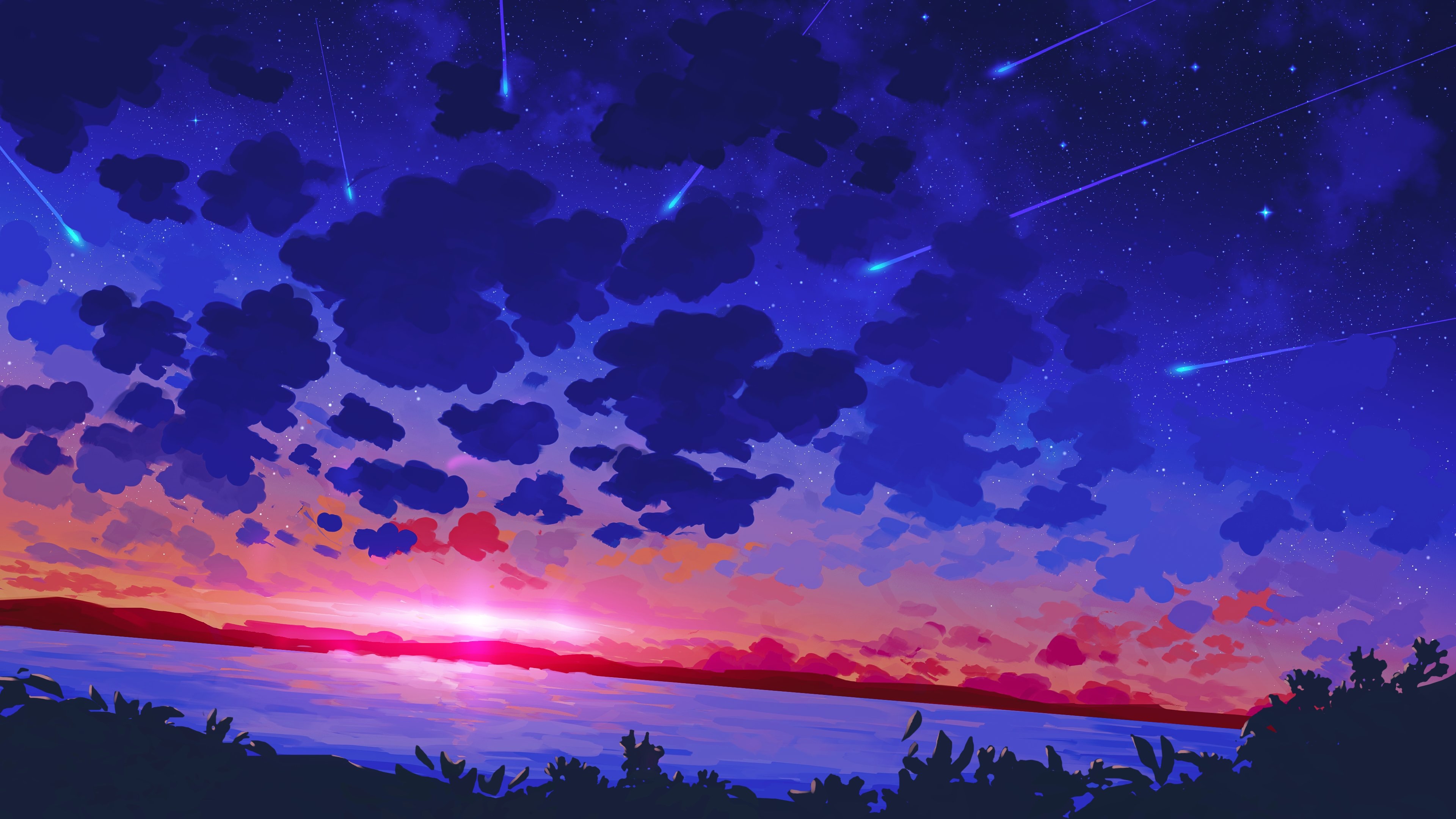 General 3840x2160 digital painting landscape sunset sky clouds lake Endy digital art stars