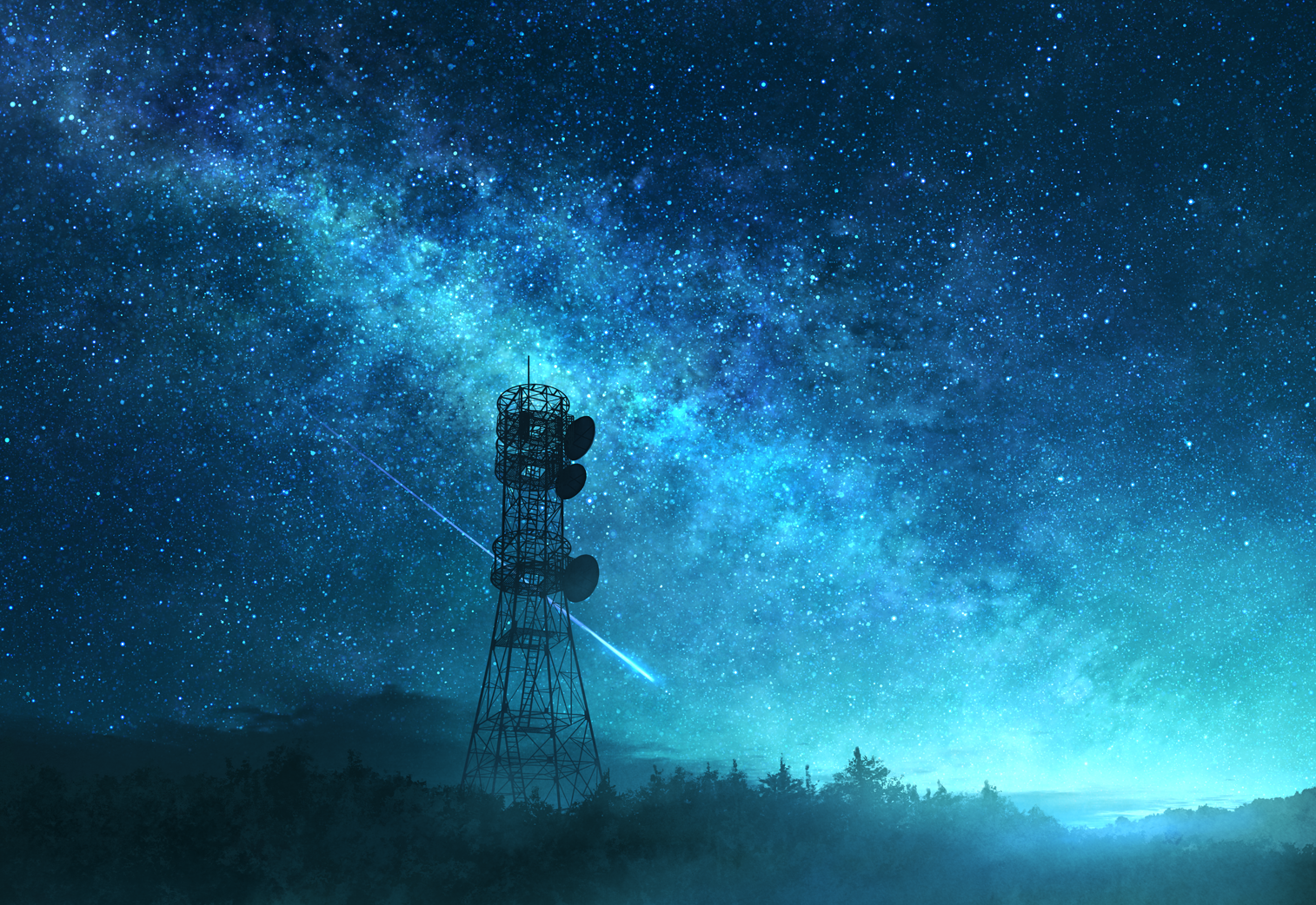 General 1514x1042 starry night mks anime landscape tower sky night outdoors stars Pixiv blue galaxy