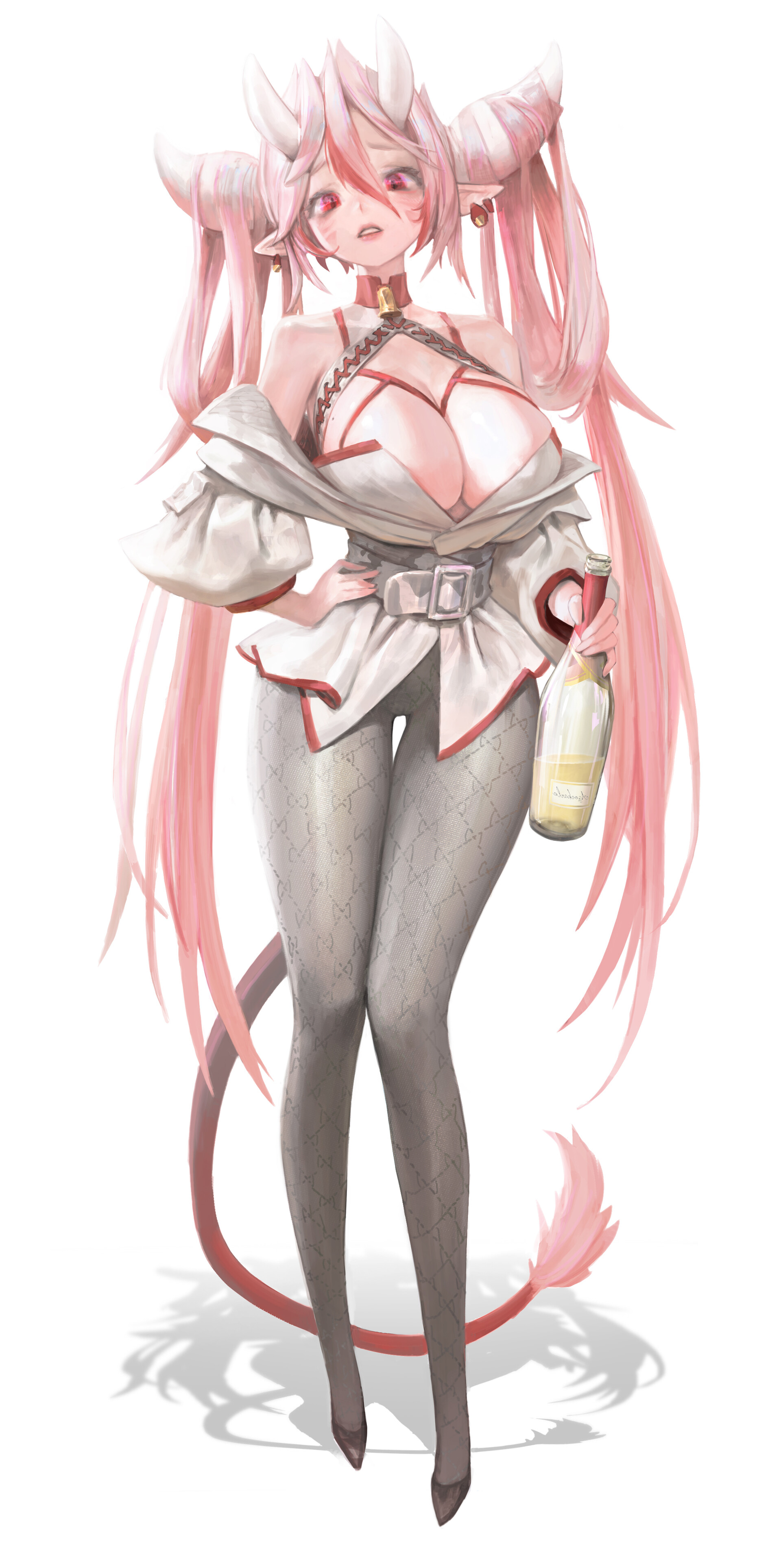 Anime 1920x3856 AGOTO anime anime girls simple background white background pink hair long hair pointy ears boobs big boobs curvy bottles knees together women tail pink eyes