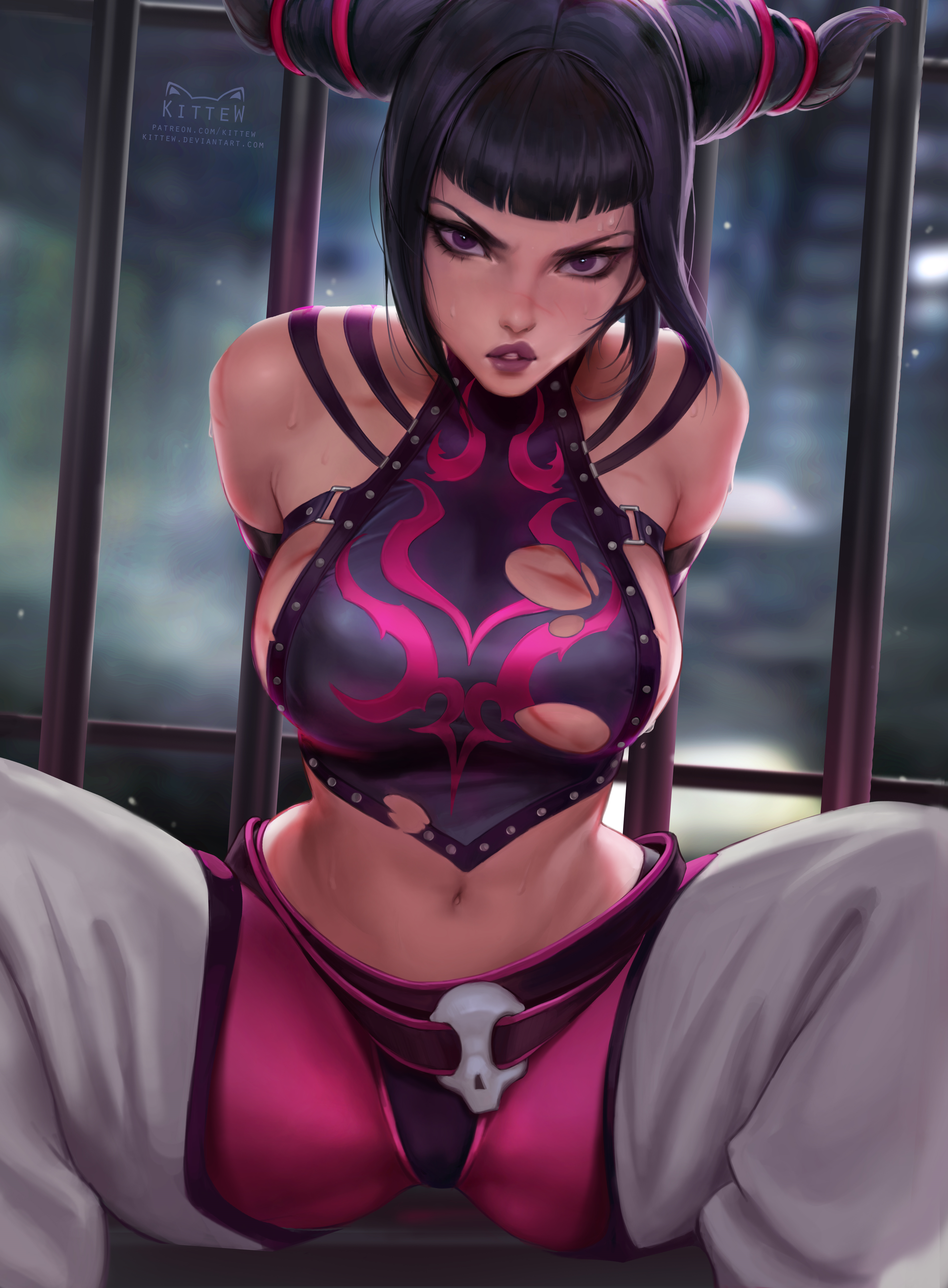 General 3781x5136 Street Fighter video games video game girls crop top torn clothes belly looking at viewer angry bangs purple eyes thick thigh portrait display artwork drawing illustration 2D fan art Kittew video game warriors boobs big boobs dark hair Han Juri