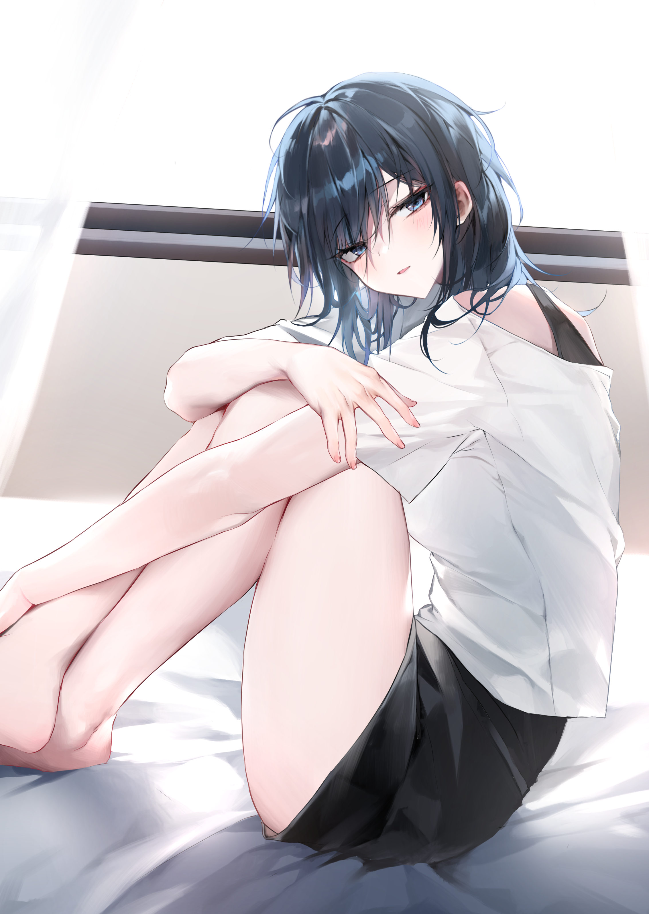 Anime 2266x3190 anime anime girls dark hair legs sitting looking at viewer shoulder length hair barefoot holding knees Bara artwork