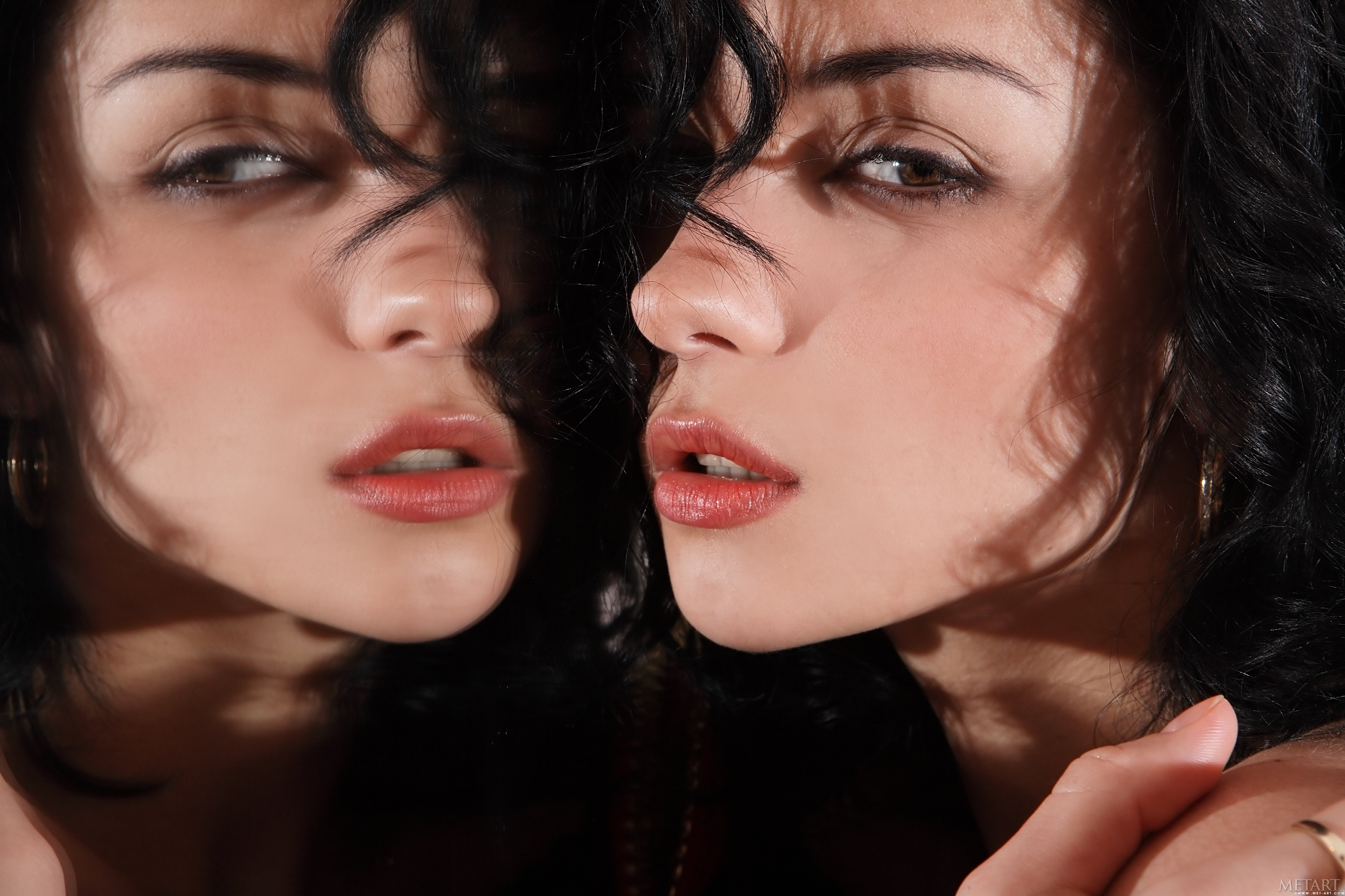 People 4992x3328 Katie Fey dark hair women Ukrainian women face mirror reflection sensual gaze juicy lips closeup MetArt model brunette
