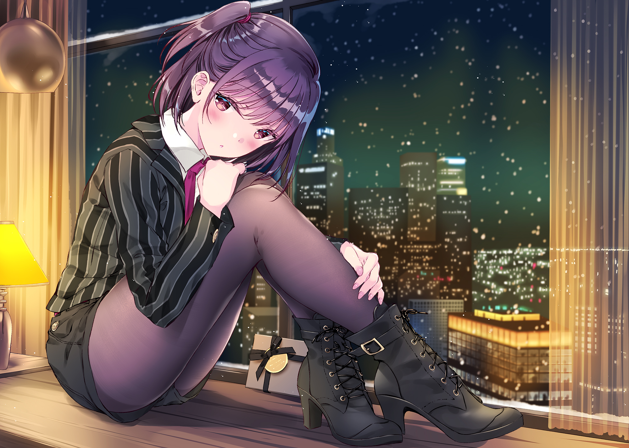 Anime 2000x1426 anime anime girls Kobayashi Chisato artwork purple hair blushing shorts pantyhose holding knees window