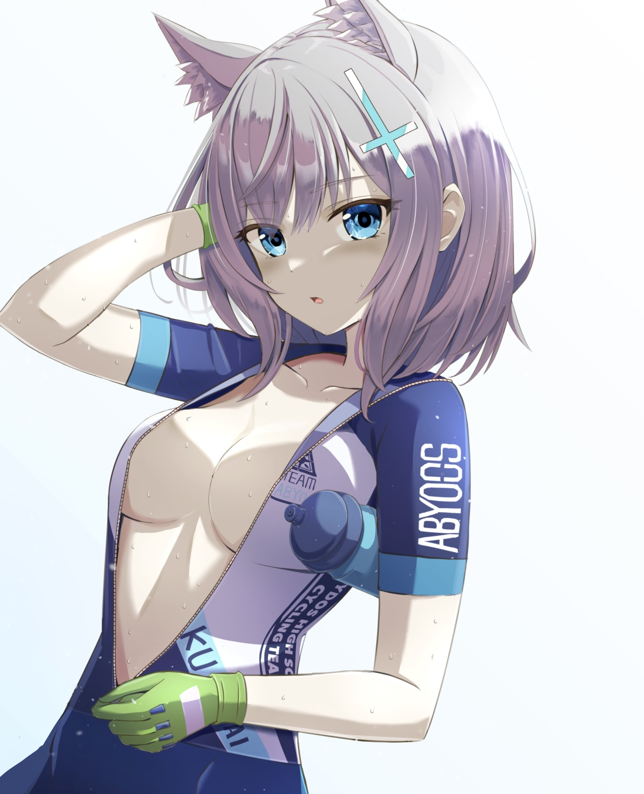 Anime 1323x1632 digital art anime anime girls 2D looking at viewer ecchi cleavage purple hair unzipped blue eyes touching hair gloves water bottle animal ears sportswear Shiroko (Blue Archive) Blue Archive