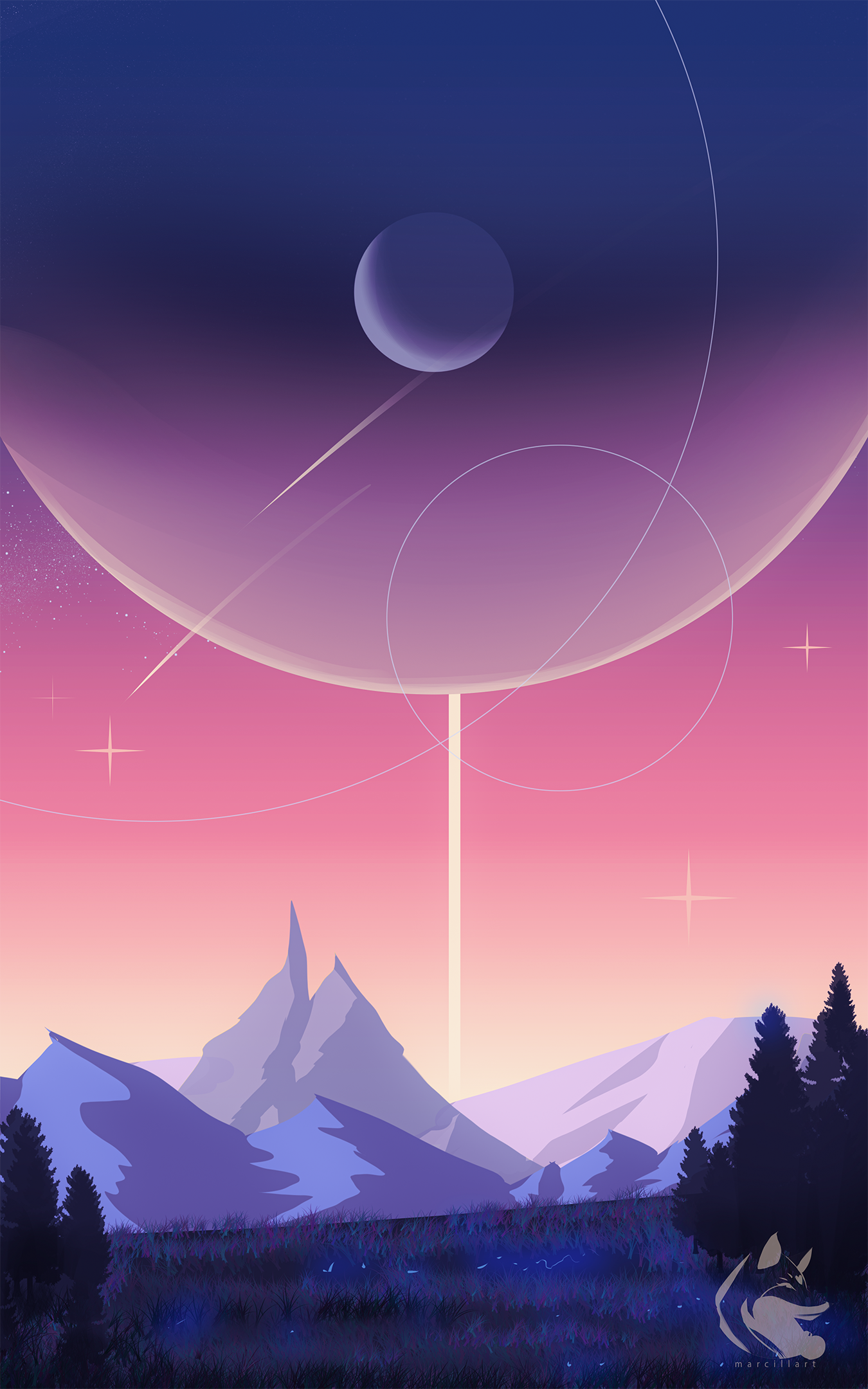 General 1350x2160 planet mountains trees pine trees minimalism stars space shooting stars purple sky evening sunset Moon giant