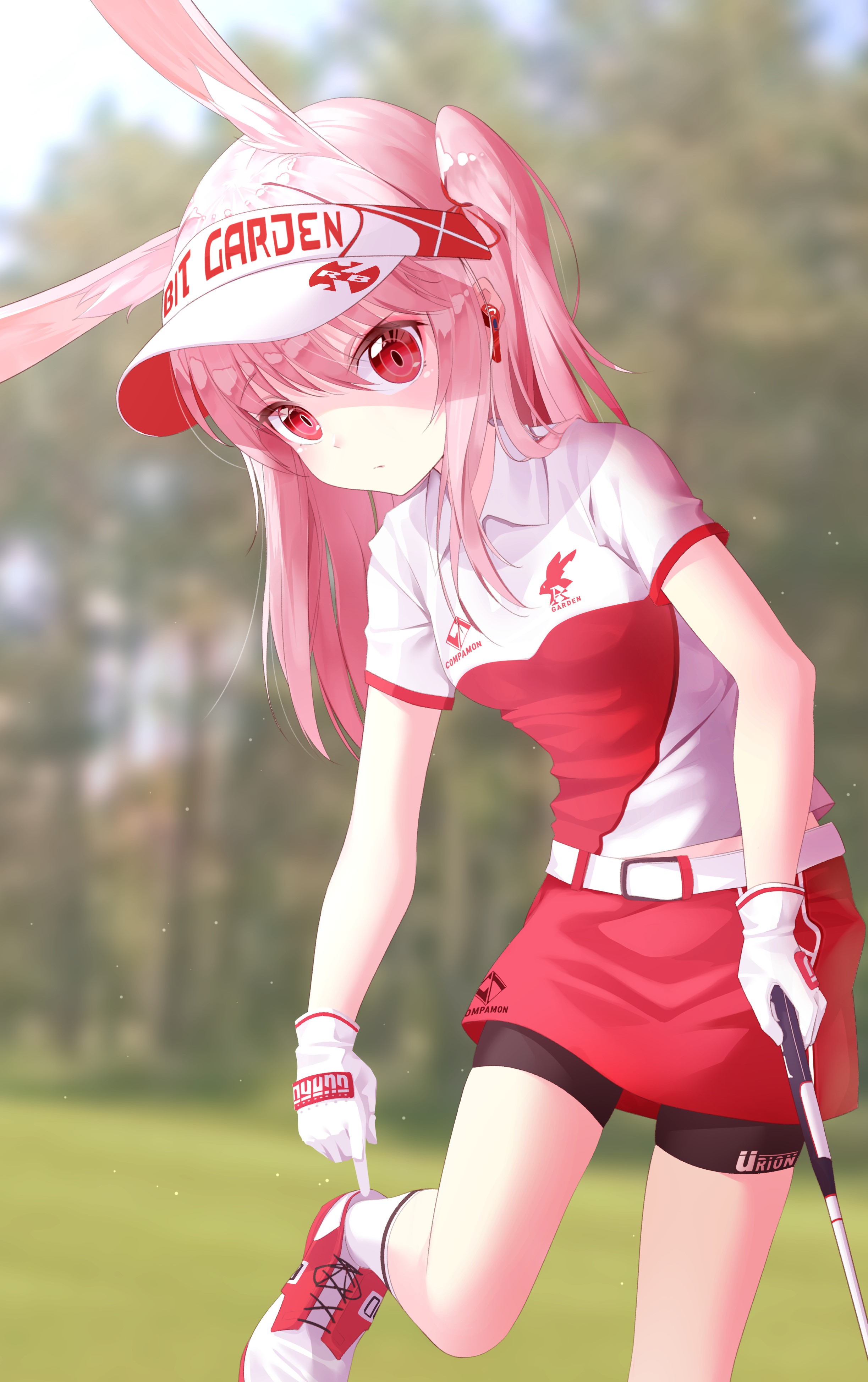 Anime 2446x3894 anime anime girls 2D digital art looking at viewer pink hair sports cap golf skirt red eyes